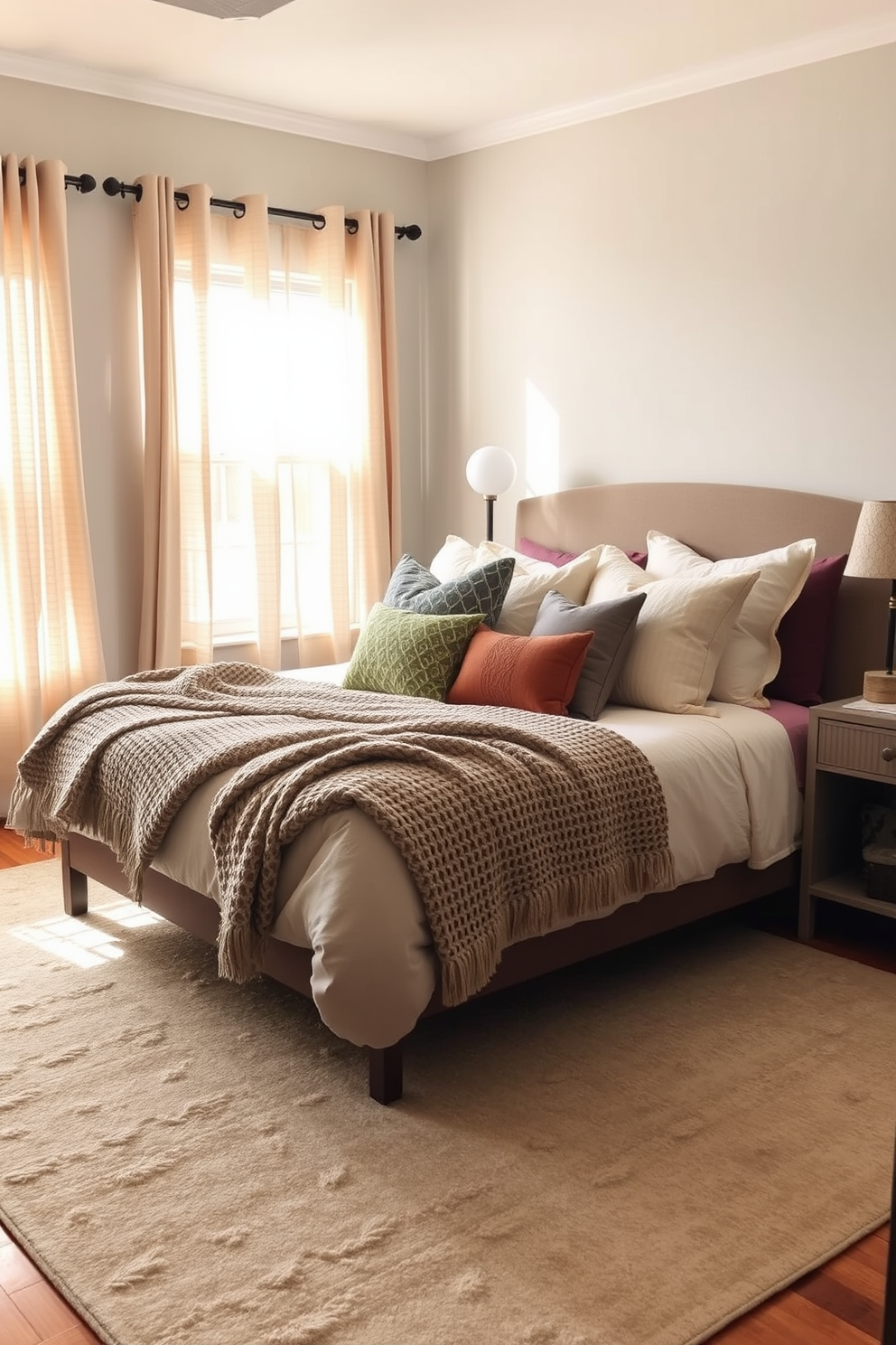 A cozy Labor Day bedroom featuring layered textures that create a warm and inviting atmosphere. The bed is adorned with plush pillows in various sizes and colors, complemented by a soft knitted throw draped across the foot of the bed. Natural light filters through sheer curtains, casting a gentle glow on the room's earthy color palette. A stylish area rug anchors the space, adding depth and comfort to the hardwood floor.