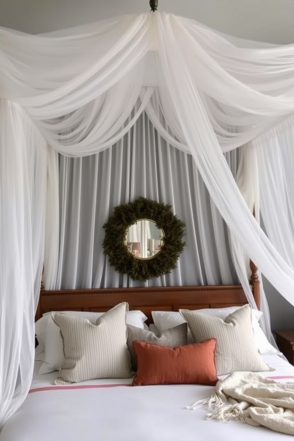 A serene bedroom setting designed for Labor Day celebrations. The space features two identical nightstands on either side of a plush king-sized bed adorned with crisp white linens and a navy blue throw blanket. Each nightstand is topped with stylish table lamps that emit a warm glow, creating a cozy atmosphere. Above the bed, a large piece of abstract art adds a pop of color, while soft beige curtains frame the windows, allowing natural light to filter in gently.