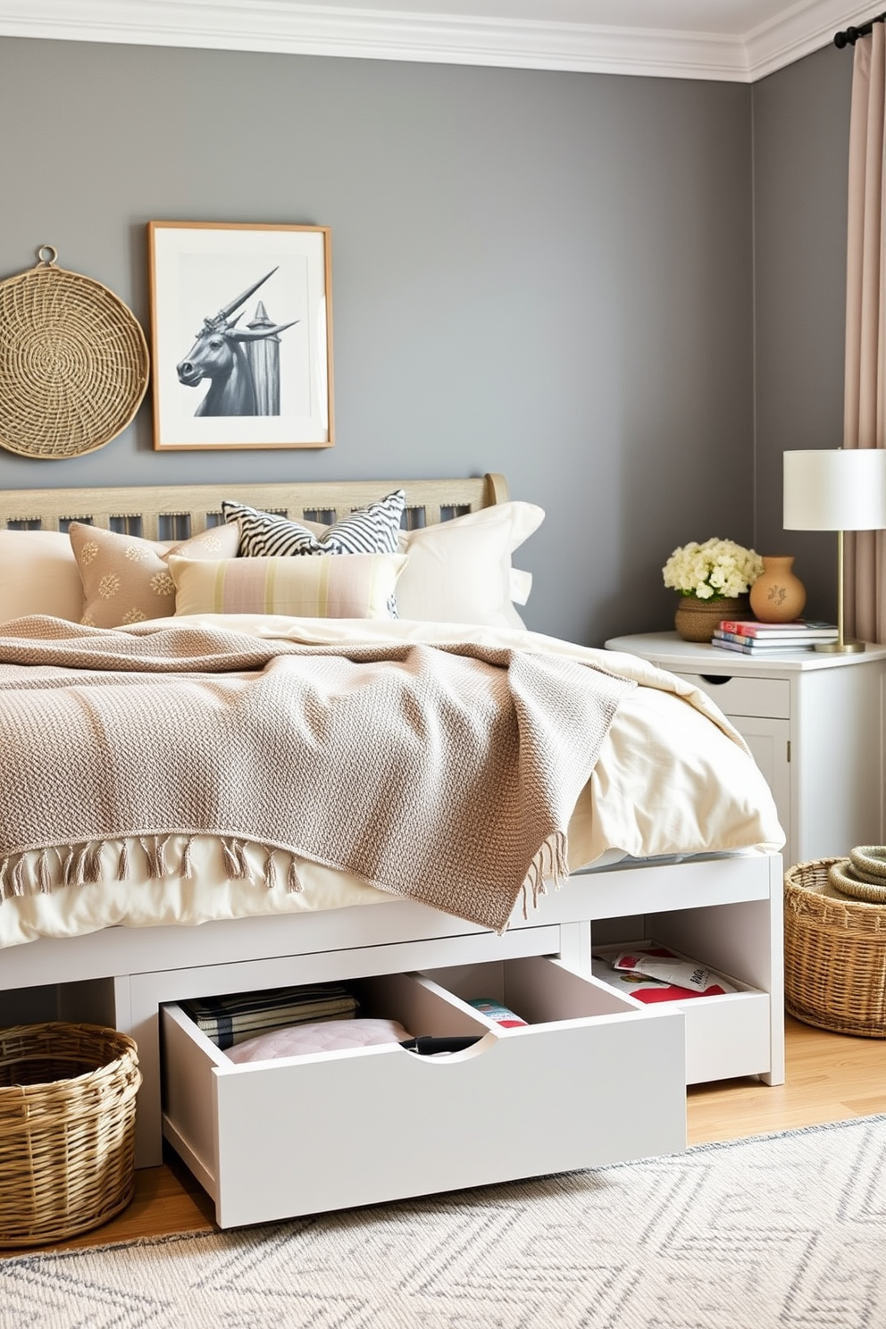 A stylish bedroom featuring functional storage solutions that blend seamlessly with the decor. The bed is adorned with plush pillows and a cozy throw blanket, while under-bed storage drawers are cleverly concealed. Decorative baskets are placed in the corners, adding texture and warmth to the space. A chic nightstand with built-in drawers holds essential items while complementing the overall aesthetic.