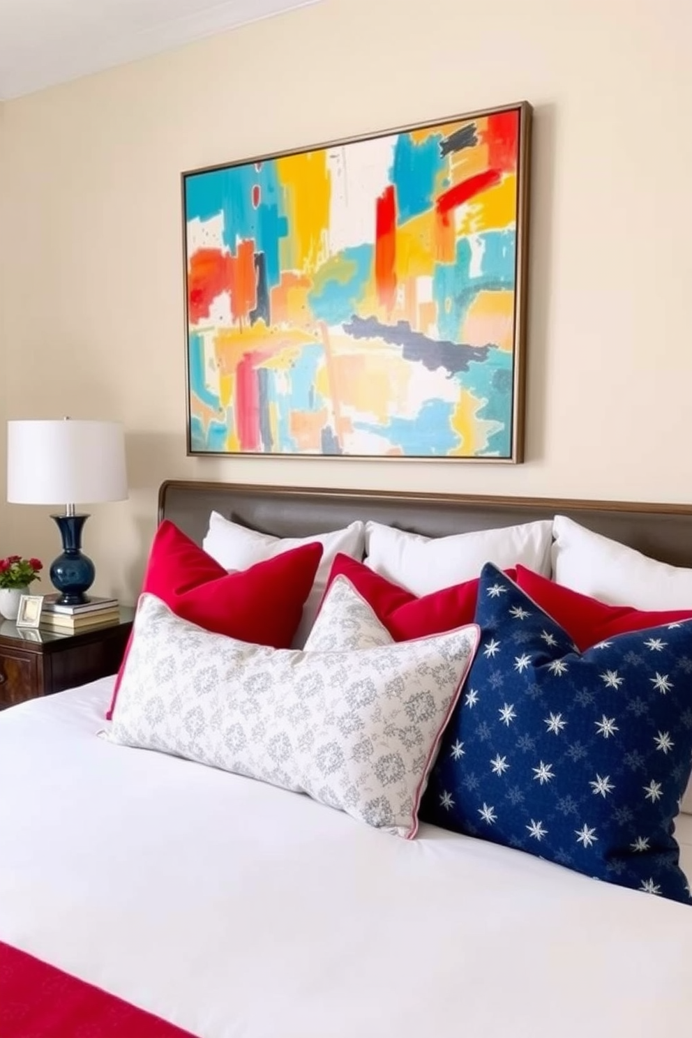 Bright artwork to energize the space. A large abstract painting with vibrant colors hangs above the bed, creating a focal point that draws the eye. Labor Day bedroom decorating ideas. Soft linens in red, white, and blue are layered on the bed, complemented by throw pillows featuring subtle patterns that celebrate the holiday.