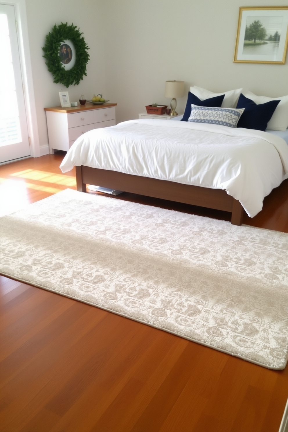 A soft area rug lies gracefully on the hardwood floor, providing warmth and comfort underfoot. The rug features a subtle pattern in muted tones that complements the overall color scheme of the room. In the Labor Day bedroom, the decor reflects a cozy yet stylish ambiance. Crisp white bedding contrasts beautifully with navy blue accent pillows, creating a serene retreat for relaxation.