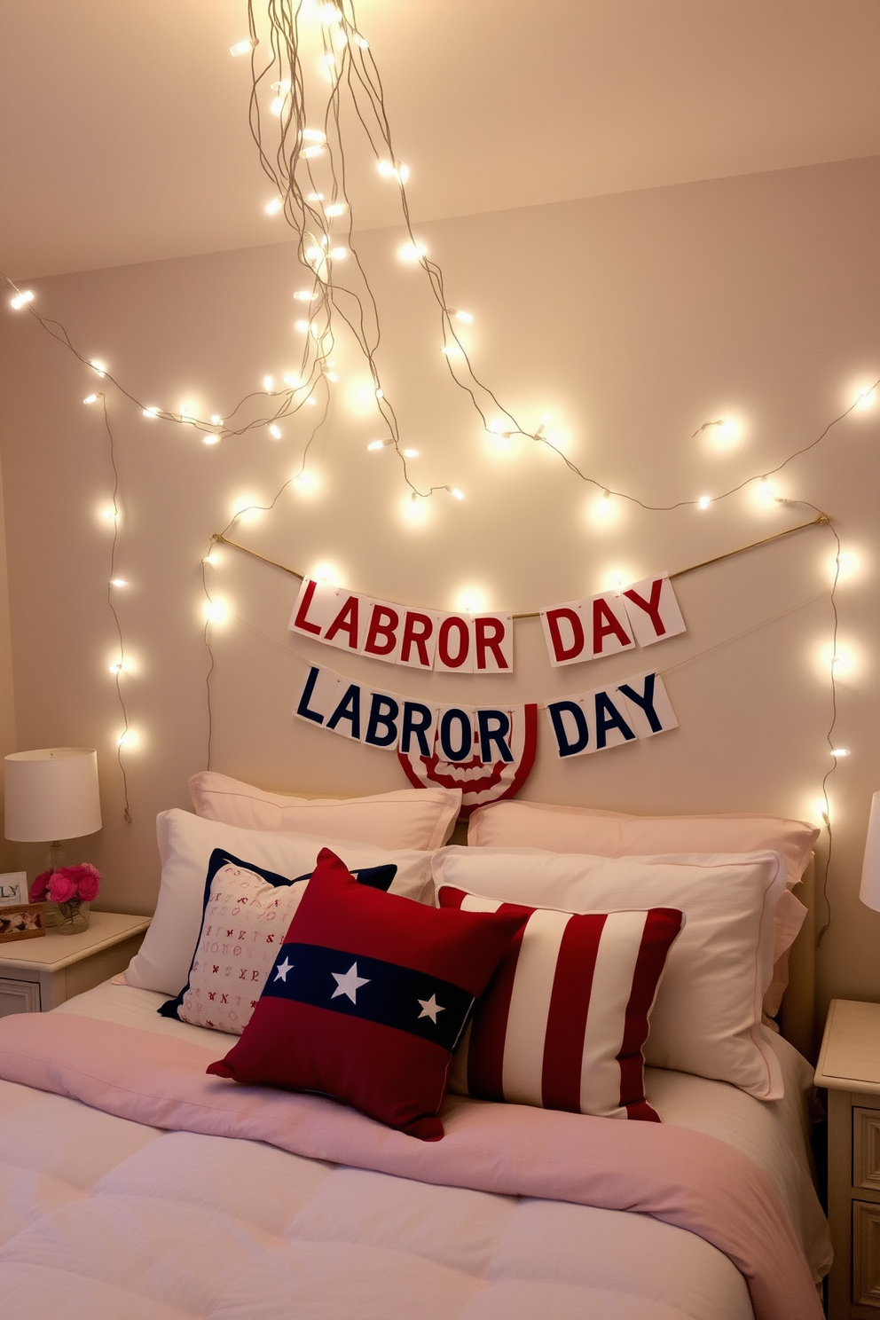 A cozy bedroom adorned with whimsical fairy lights draped across the ceiling, creating a magical ambiance. The soft glow of the lights complements the plush bedding and pastel-colored accents throughout the room. For Labor Day, the bedroom features a patriotic theme with red, white, and blue pillows arranged artfully on the bed. A festive banner hangs above the headboard, celebrating the spirit of the holiday while maintaining an inviting atmosphere.