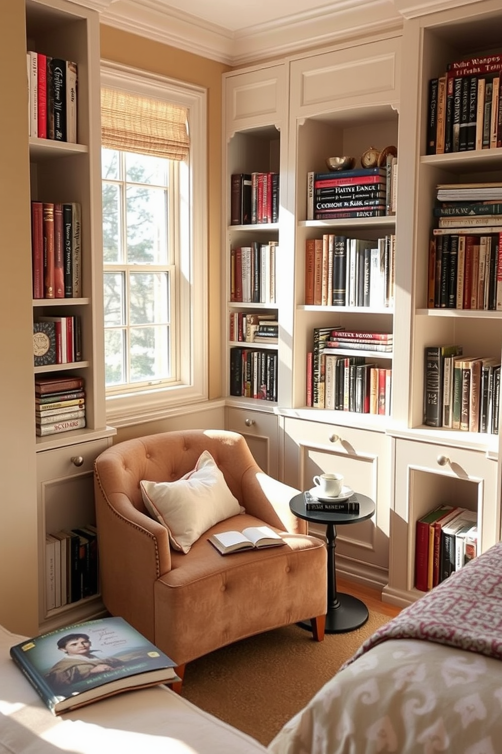 A cozy reading nook is nestled in the corner of a sunlit bedroom. It features a plush armchair upholstered in soft fabric, accompanied by a small side table holding a steaming cup of tea and a stack of books. Surrounding the nook are built-in bookshelves filled with an eclectic mix of novels and decorative items. The walls are painted in a warm beige hue, creating a welcoming atmosphere perfect for relaxation and reading.