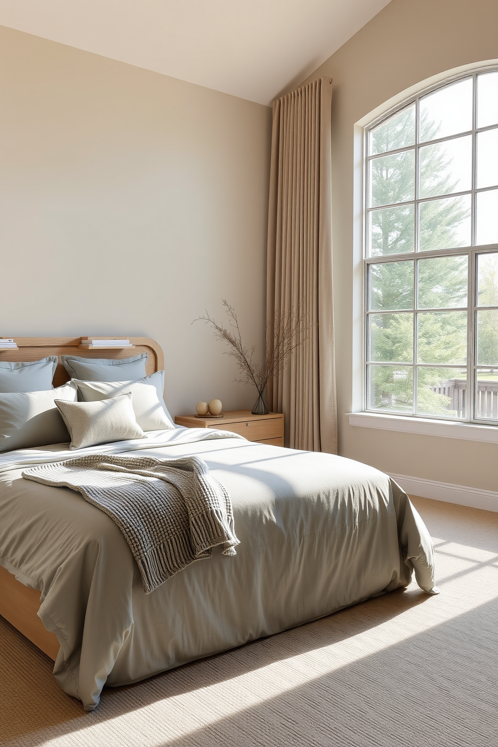 A vibrant blue door serves as a striking focal point in the bedroom, contrasting beautifully with the soft gray walls. The room is adorned with cozy, layered bedding in shades of white and navy, creating a welcoming and stylish atmosphere. To celebrate Labor Day, decorative pillows in red, white, and blue are arranged on the bed, adding a festive touch. A small American flag is displayed on the nightstand, enhancing the patriotic theme while maintaining a chic design.