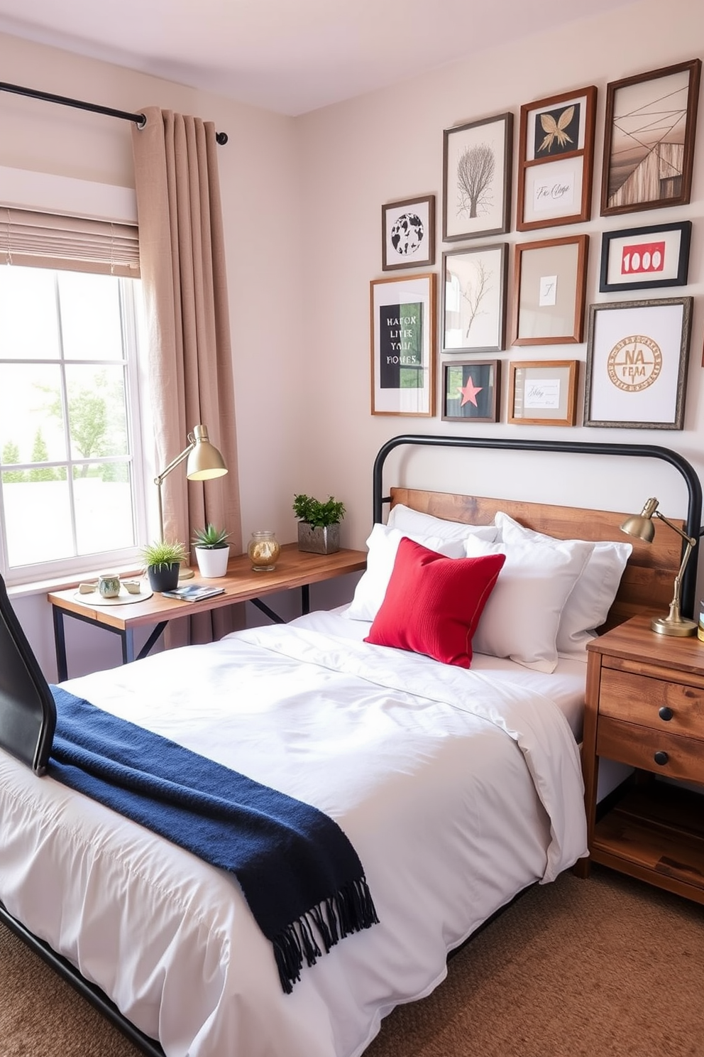 A cozy bedroom setting featuring a vintage trunk at the foot of the bed for storage. The bed is adorned with soft linens and decorative pillows, creating an inviting atmosphere for relaxation. The walls are painted in a warm beige tone, complemented by wooden accents throughout the room. A bedside table holds a stylish lamp, casting a gentle glow over the space, while framed artwork adds a personal touch to the decor.