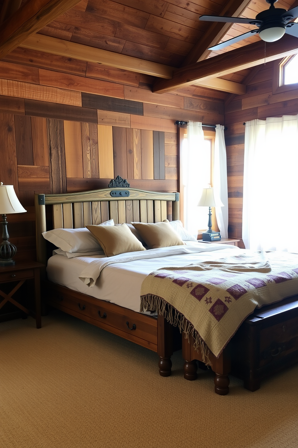 A cozy bedroom with rustic wooden accents that evoke a warm cabin feel. The walls are adorned with reclaimed wood panels, and a large wooden bed frame is dressed with soft, earthy-toned linens. A handmade quilt is draped over the foot of the bed, adding a touch of comfort. Natural light filters through sheer curtains, illuminating a vintage wooden trunk at the foot of the bed.