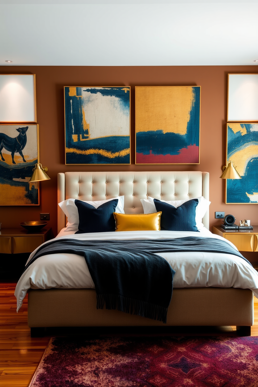 A cozy bedroom featuring a large bed with a plush headboard and luxurious bedding. The walls are adorned with oversized art pieces that serve as focal points, creating a vibrant atmosphere. The color palette includes warm tones with accents of deep blues and golds. Soft lighting from bedside lamps enhances the inviting ambiance, while a stylish area rug adds texture to the hardwood floor.