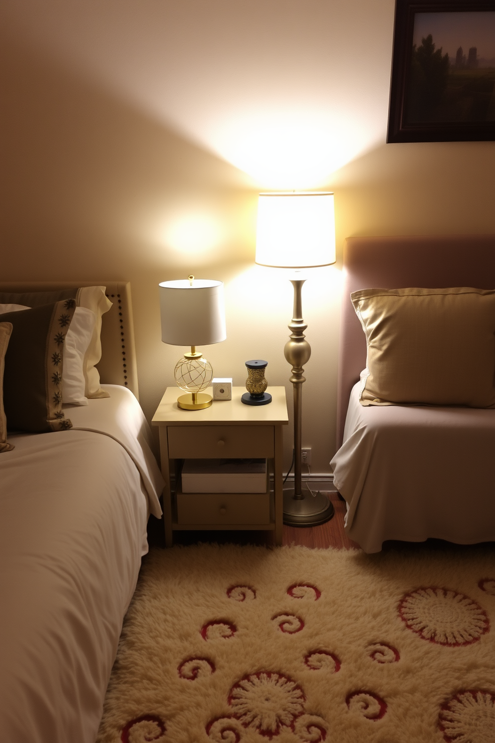 A cozy bedroom setting with soft lighting provided by decorative lamps placed on nightstands. The walls are painted in a warm beige tone, and a plush area rug lies beneath the bed, adding comfort and style.