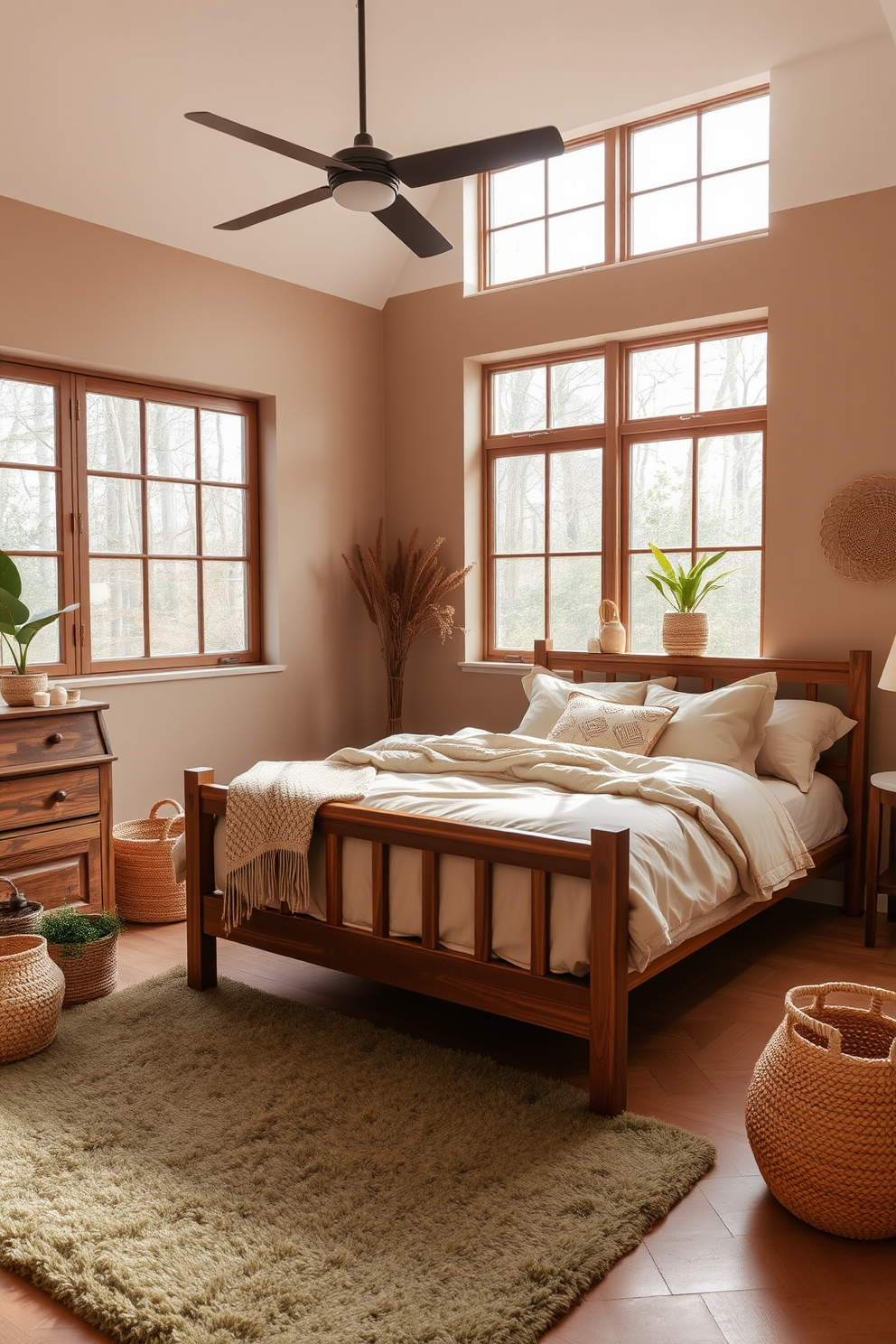 A serene bedroom setting featuring earthy tones to create a calming atmosphere. The walls are painted in a soft taupe, complemented by rich brown wooden furniture and cozy beige linens. A plush area rug in muted green adds warmth underfoot, while large windows allow natural light to flood the space. Decorative elements like potted plants and woven baskets enhance the organic feel of the room.