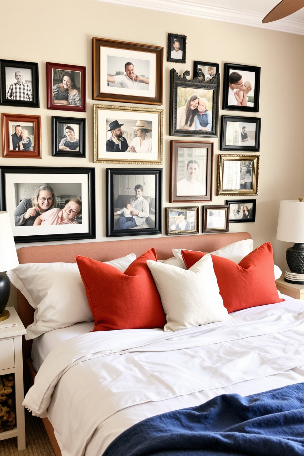 A gallery wall adorned with personal photos captures cherished memories. The arrangement features a mix of frame styles and sizes, creating a dynamic visual display. Labor Day bedroom decorating ideas embrace a cozy and inviting atmosphere. Soft linens in warm tones complement decorative pillows and seasonal accents, enhancing the overall comfort of the space.