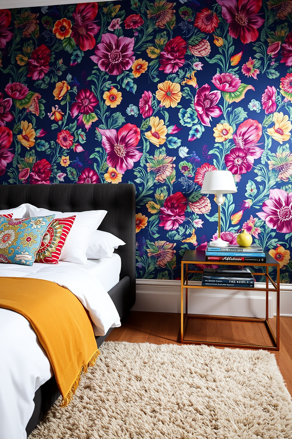 A bold accent wall features vibrant floral wallpaper that adds a lively touch to the room. The bed is dressed in crisp white linens, complemented by colorful throw pillows that echo the wallpaper's hues. A stylish bedside table holds a sleek lamp and a stack of design books. The floor is adorned with a plush area rug that ties the color scheme together, creating a cozy atmosphere.