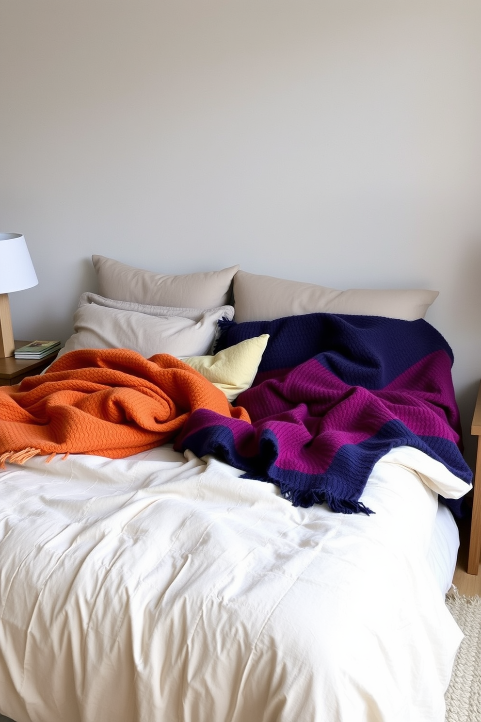 A serene bedroom setting with neutral bedding featuring soft textures and layers. Colorful throws are artistically draped across the bed, adding pops of vibrant color and warmth to the space.