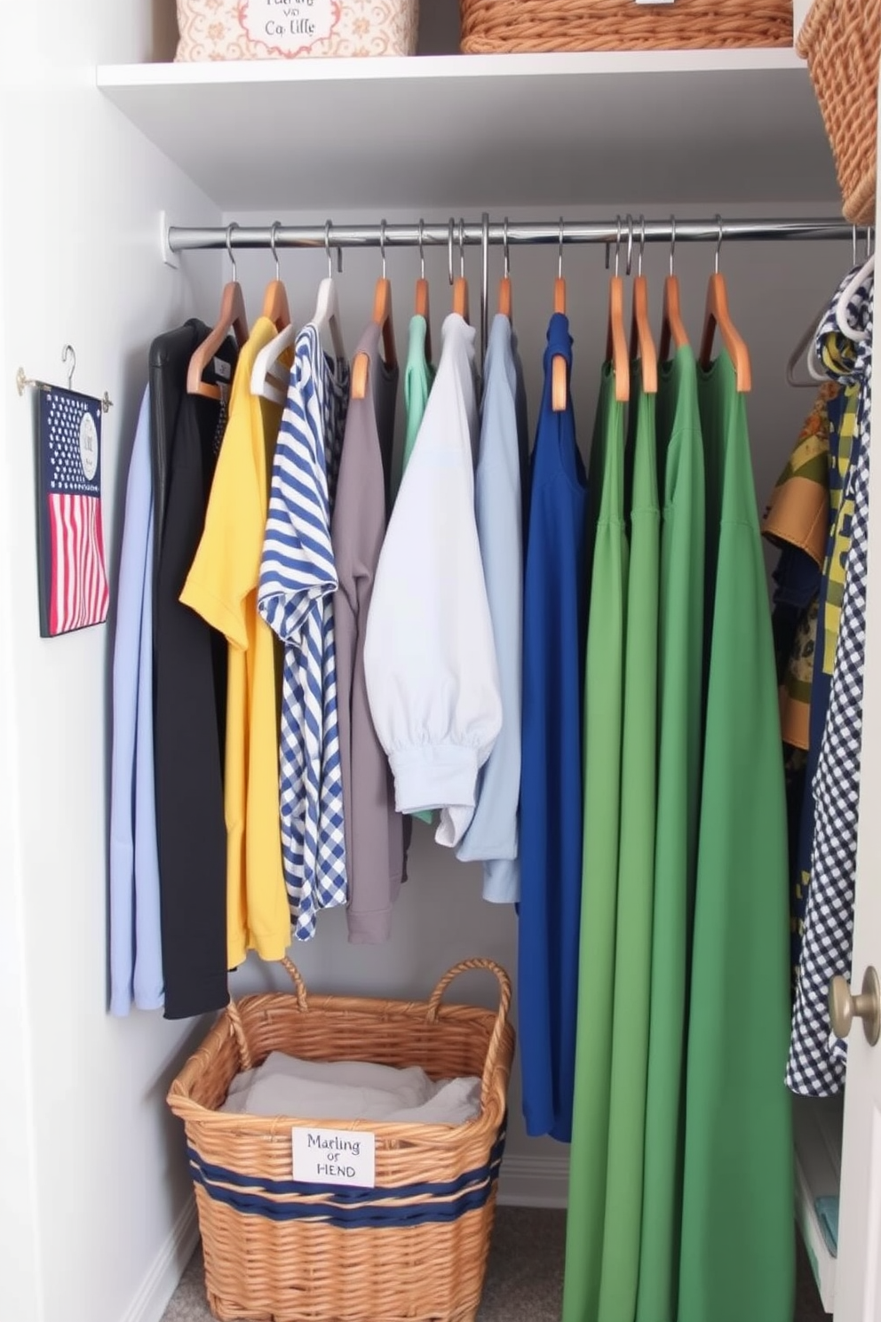 Colorful storage bins are neatly arranged on a shelf, each labeled for easy identification of seasonal items. The closet features a mix of vibrant hues, creating an inviting and organized space perfect for Labor Day decorations.