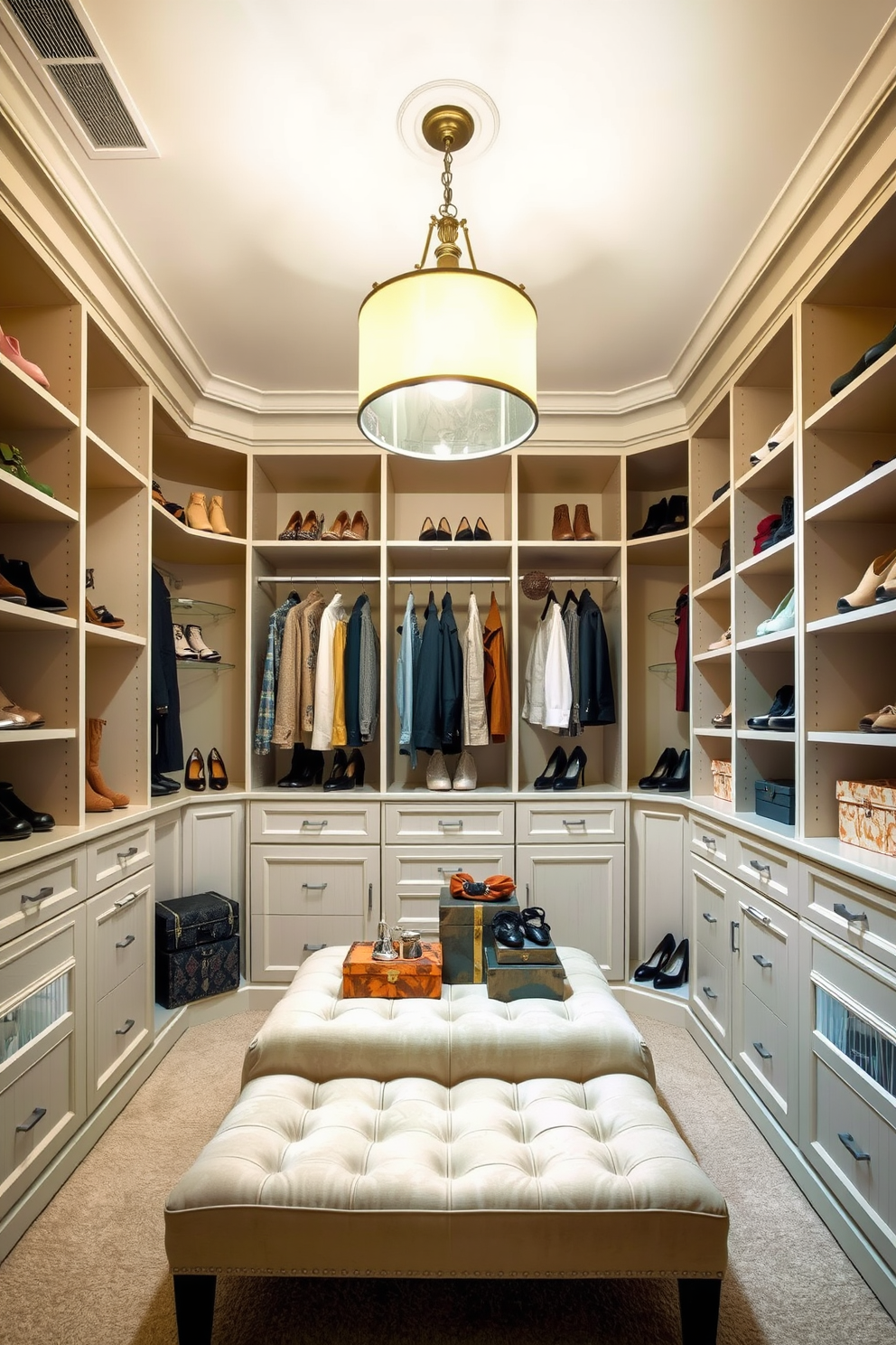 Create a visually appealing closet space organized by color. The shelves are filled with neatly arranged clothing items in shades of blue, green, and white, creating a calming atmosphere. In the center, a stylish island features decorative storage boxes in coordinating colors. Soft lighting illuminates the space, highlighting the vibrant hues and adding an inviting touch to the overall design.