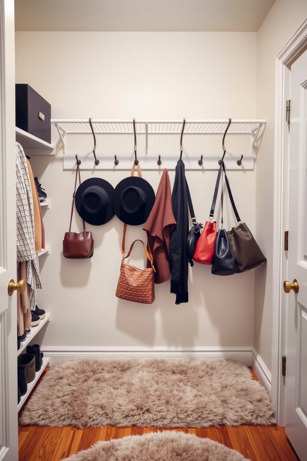 A stylish closet space featuring hooks elegantly displaying favorite accessories such as hats and bags. The walls are painted in a soft neutral tone, and the floor is adorned with a plush area rug that adds warmth to the space.