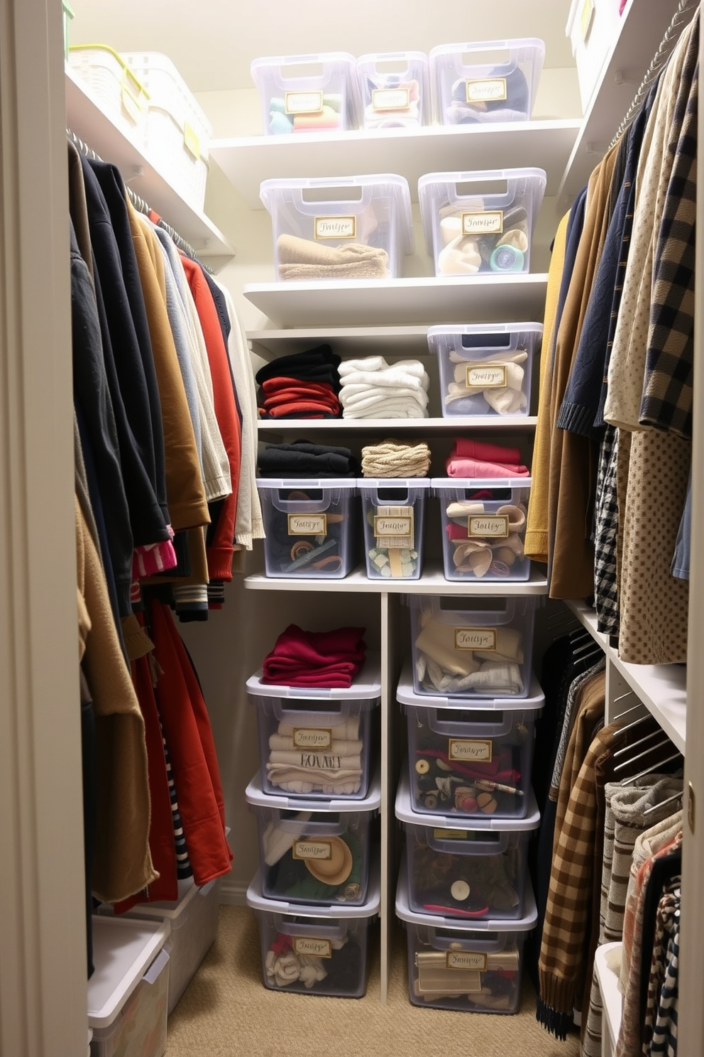 A well-organized closet featuring clear bins for easy visibility and access. The bins are neatly arranged on sturdy shelves, showcasing a variety of seasonal clothing and accessories. Incorporate decorative labels on each bin to enhance organization and style. Soft lighting illuminates the space, creating a welcoming atmosphere for Labor Day closet decorating ideas.