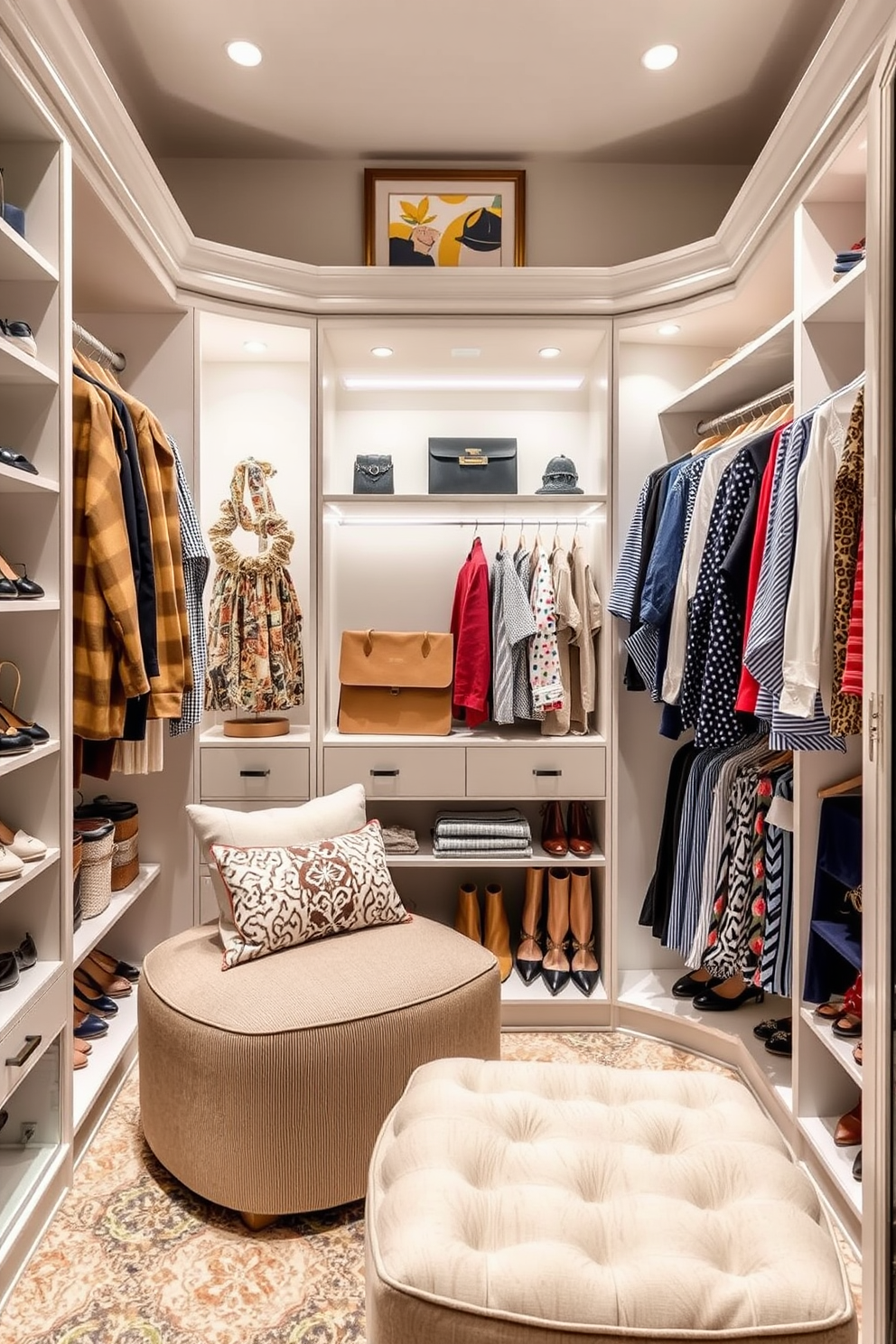 A stylish closet space featuring a vintage trunk for storage placed at the foot of the clothing rack. The walls are painted a soft cream color, and a large mirror reflects the natural light coming through the window. Shelves are neatly organized with folded sweaters and shoes displayed on a wooden rack. A cozy rug lies underfoot, adding warmth to the overall design while a small potted plant brings a touch of greenery.