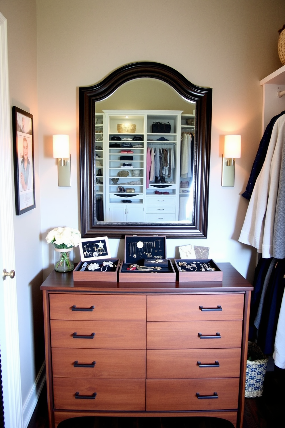 Create a dedicated jewelry station featuring a sleek wooden dresser with multiple drawers for storage. Above the dresser, a large wall-mounted mirror reflects the elegant arrangement of jewelry displayed on velvet trays. Labor Day Closet Decorating Ideas include organizing your wardrobe by color and style for a cohesive look. Use decorative boxes and baskets to store accessories while keeping the space tidy and visually appealing.