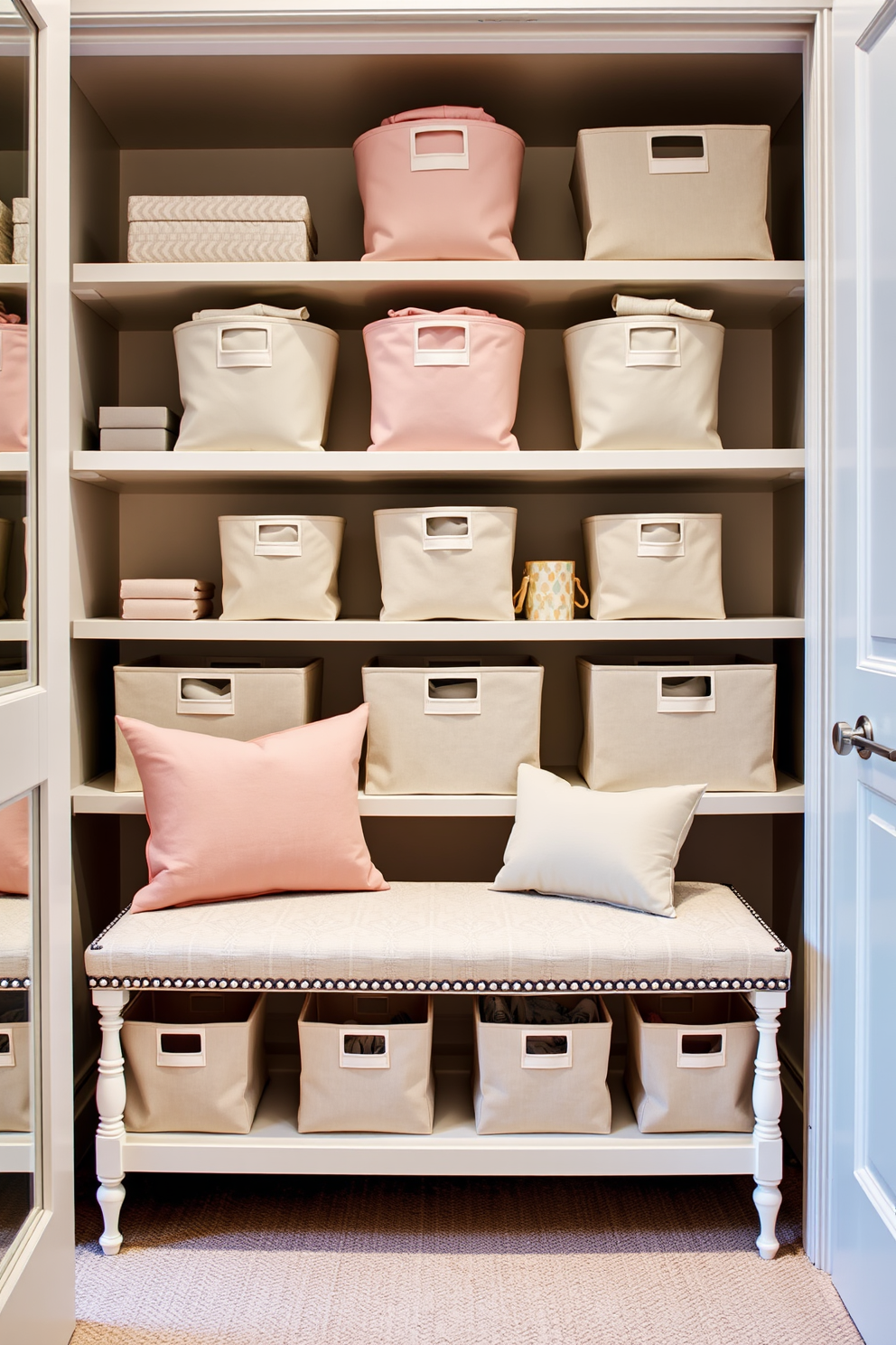 A stylish closet space featuring fabric bins in soft pastel colors for a gentle and inviting touch. The bins are neatly organized on shelves, complemented by a chic bench upholstered in a coordinating fabric for added comfort.