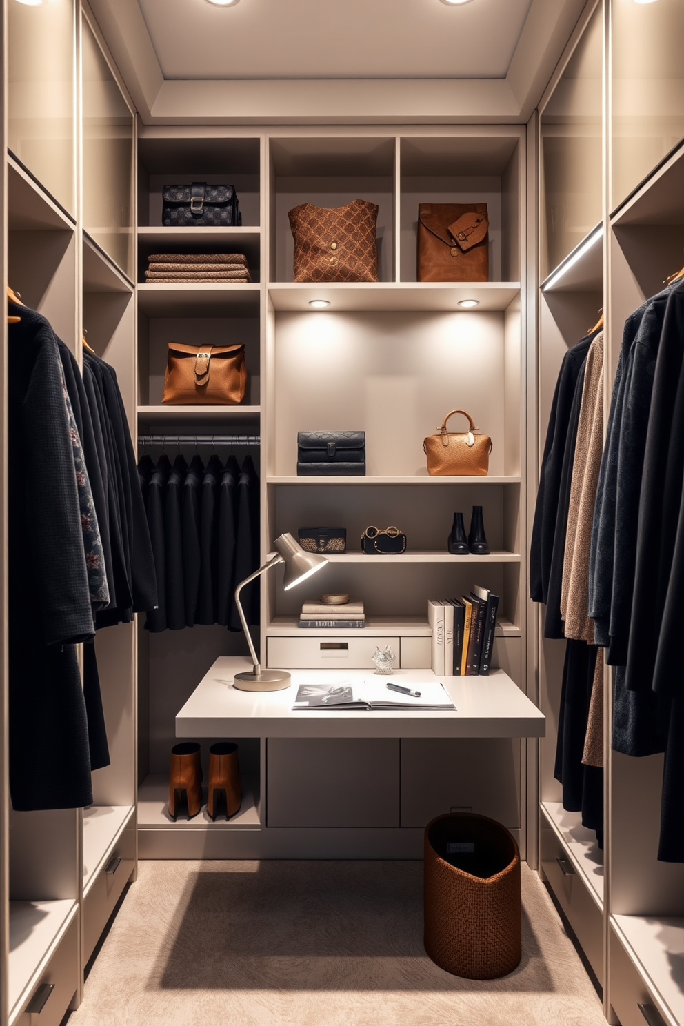 A stylish closet space designed for multitasking features a small desk seamlessly integrated into the layout. The desk is adorned with a chic lamp and organized stationery, providing a functional workspace within the closet. The closet showcases elegant shelving units and hanging rods, maximizing storage while maintaining a polished look. Soft lighting illuminates the space, highlighting the carefully curated accessories and seasonal clothing displayed throughout.