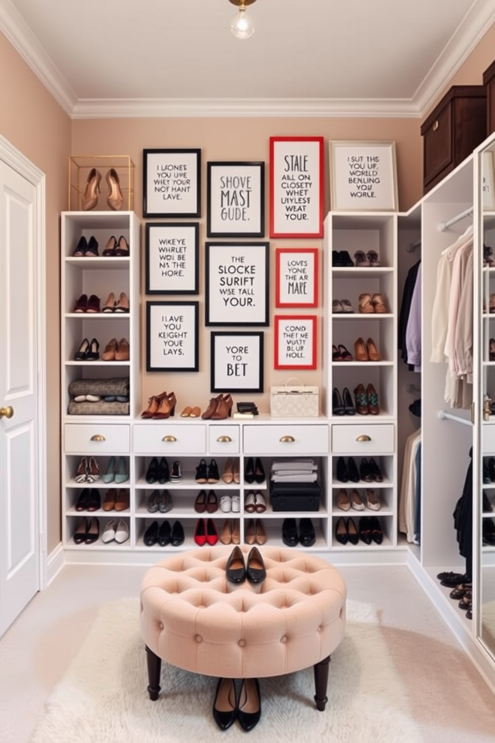 A stylish closet space featuring open shelving and hanging racks. Lush green plants are strategically placed on the shelves, adding a fresh touch to the organized display of shoes and accessories. The walls are painted in a soft, neutral tone, creating a calming atmosphere. Elegant lighting fixtures illuminate the area, highlighting the carefully curated items while maintaining a cozy vibe.