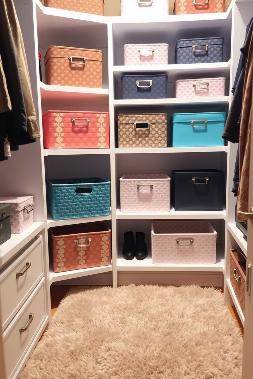 A stylish closet featuring decorative storage boxes in various sizes and colors to organize accessories. The boxes are neatly arranged on shelves, adding a pop of color while maintaining a cohesive look. The closet is well-lit with soft, warm lighting that highlights the textures of the storage boxes. A plush area rug in a neutral tone is placed underfoot, creating a comfortable and inviting atmosphere.