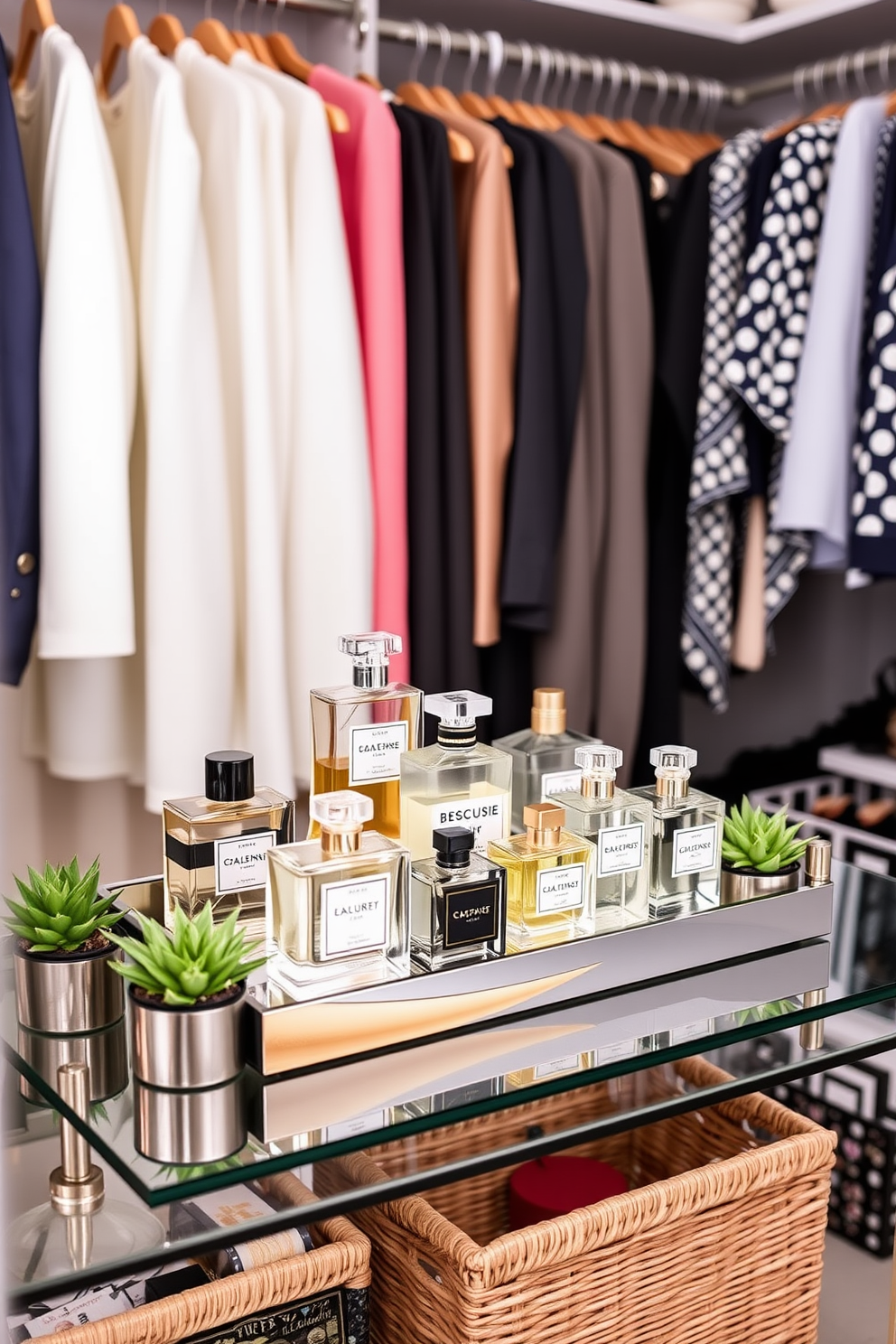 A stylish closet space featuring organized clothing and accessories. Decorative baskets are neatly arranged on shelves for easy access, adding a touch of charm and functionality. The walls are painted in a soft neutral tone, creating a calming atmosphere. A large mirror reflects the well-organized items, enhancing the sense of space and elegance.