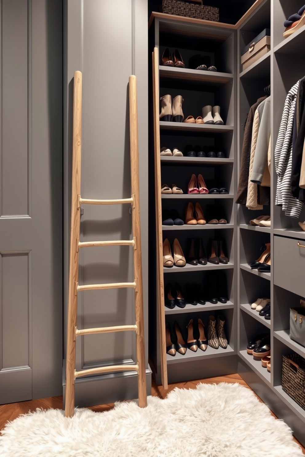 A stylish closet featuring a vertical ladder for storage. The ladder leans against the wall, providing easy access to shelves filled with neatly organized shoes and accessories. The closet is painted in a soft gray hue, creating a serene atmosphere. A plush area rug lies beneath, adding warmth and comfort to the space.