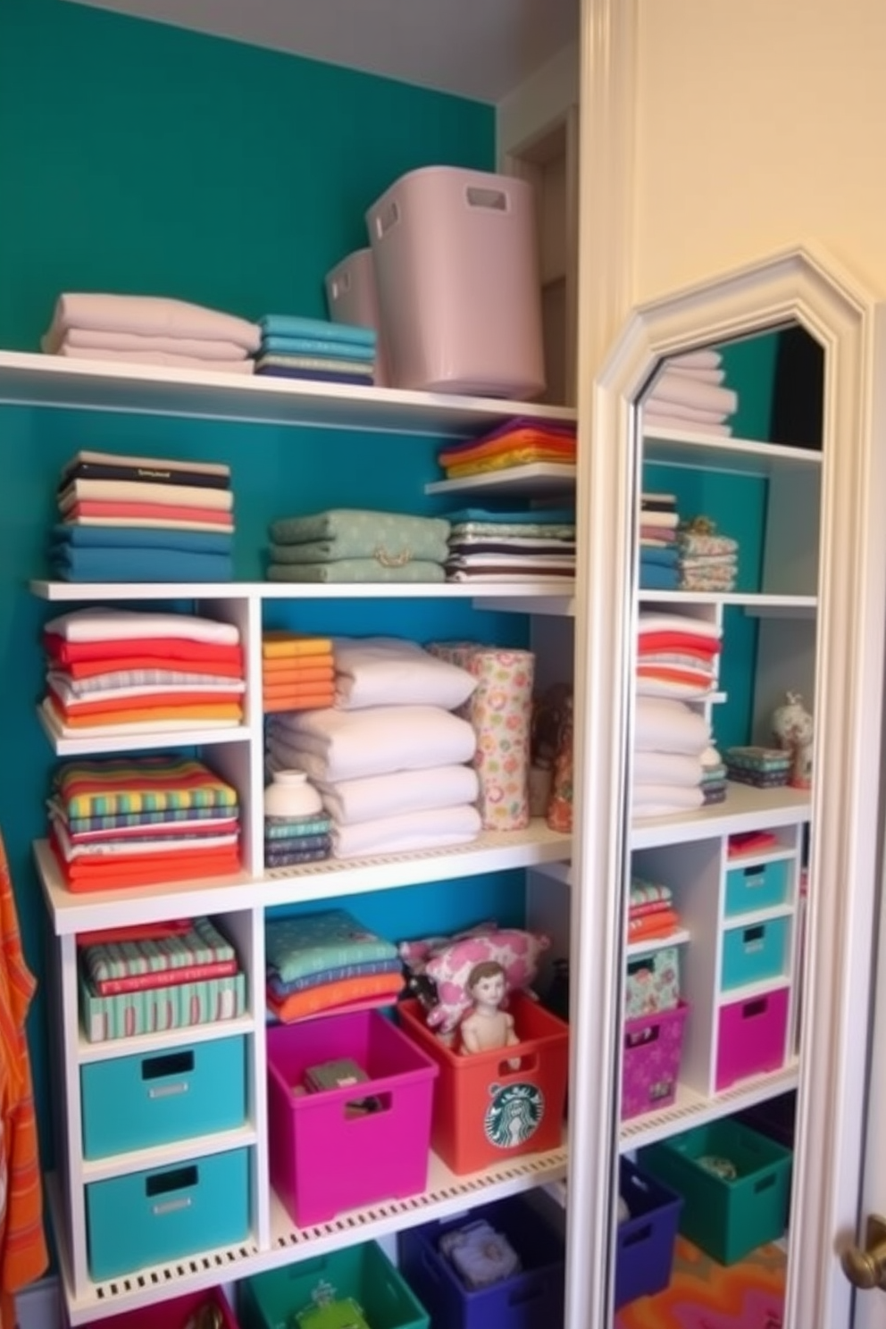 A stylish closet space featuring a bold accent wall painted in a vibrant teal color. The shelves are organized with neatly folded clothes and colorful accessories, creating an inviting atmosphere. Incorporate decorative storage bins in bright hues to add a playful touch. A full-length mirror with a chic frame reflects the lively colors, enhancing the overall design.