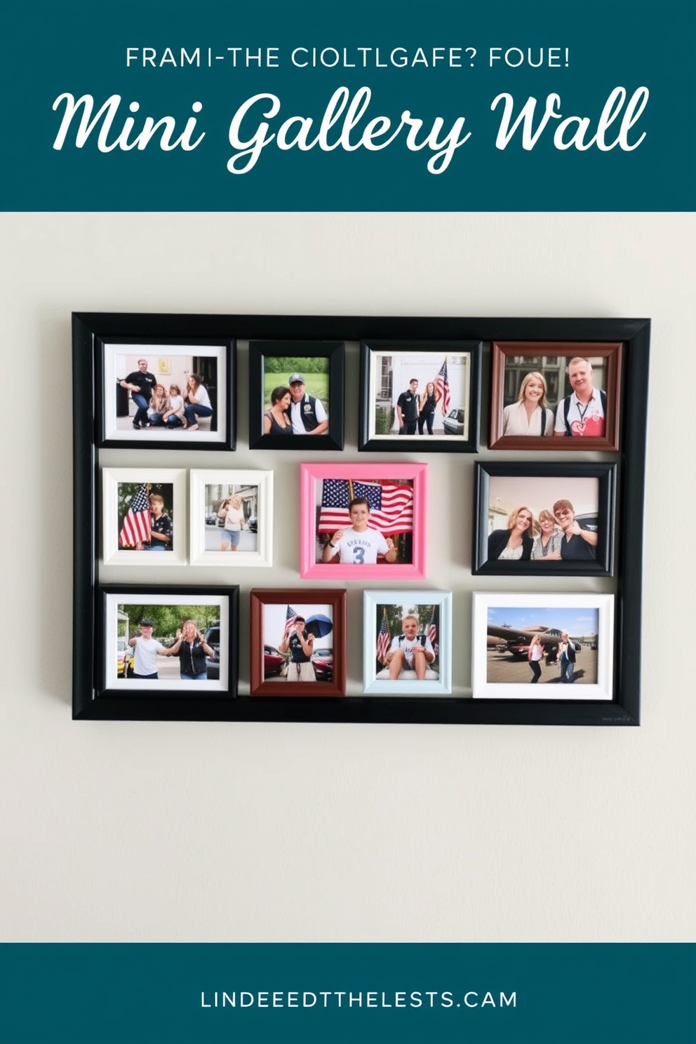 Create a mini gallery wall featuring a collection of framed photos showcasing Labor Day celebrations. Use a mix of frame styles and colors to add visual interest while maintaining a cohesive theme throughout the display.