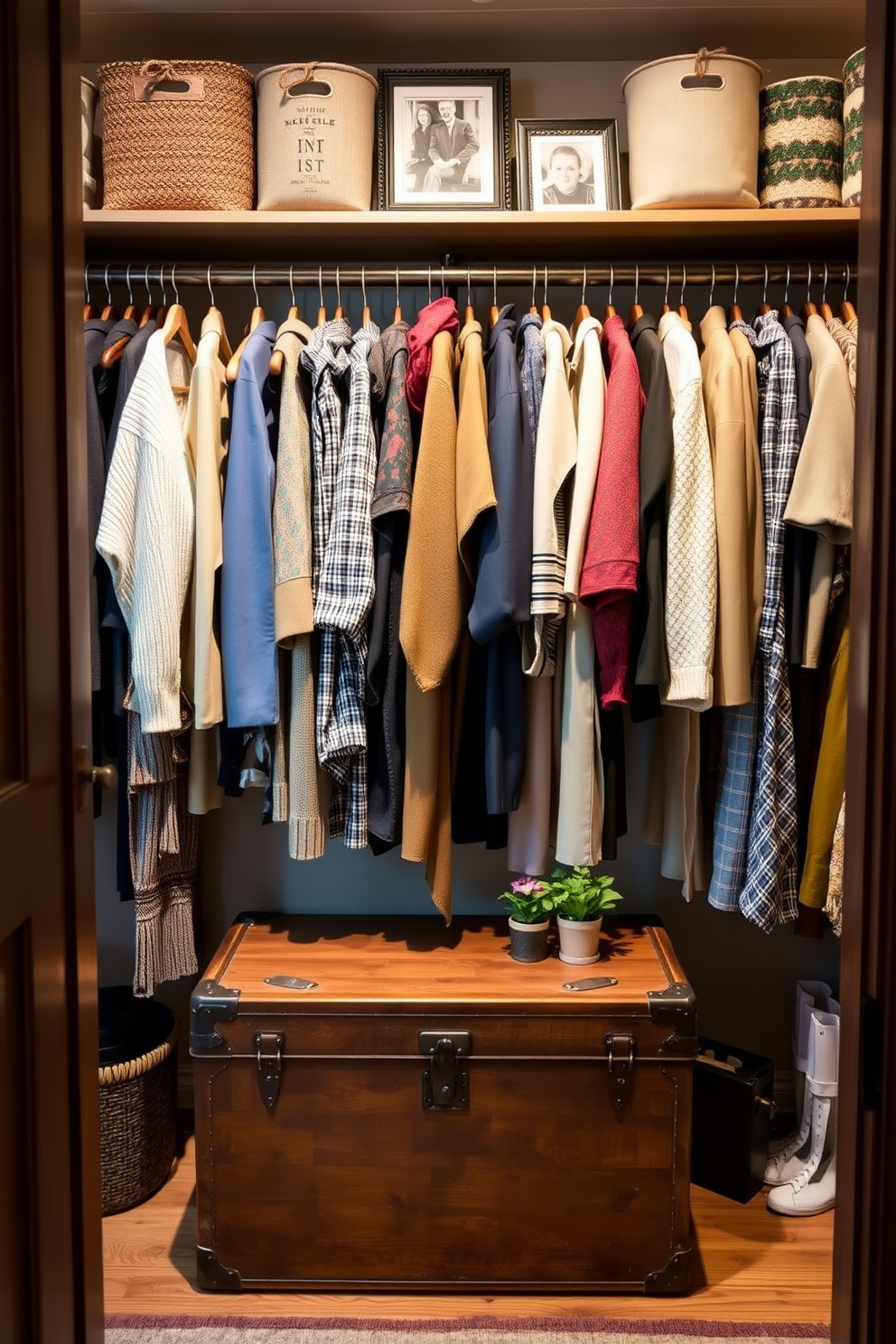 A well-organized closet featuring fabric bins for soft storage creates a cozy and inviting atmosphere. The bins are neatly arranged on shelves, showcasing a variety of colors and textures that complement the overall decor. Incorporate decorative elements like framed artwork and stylish hooks to enhance the aesthetic appeal. A plush rug on the floor adds warmth and comfort, making the space feel more like a room than just a storage area.