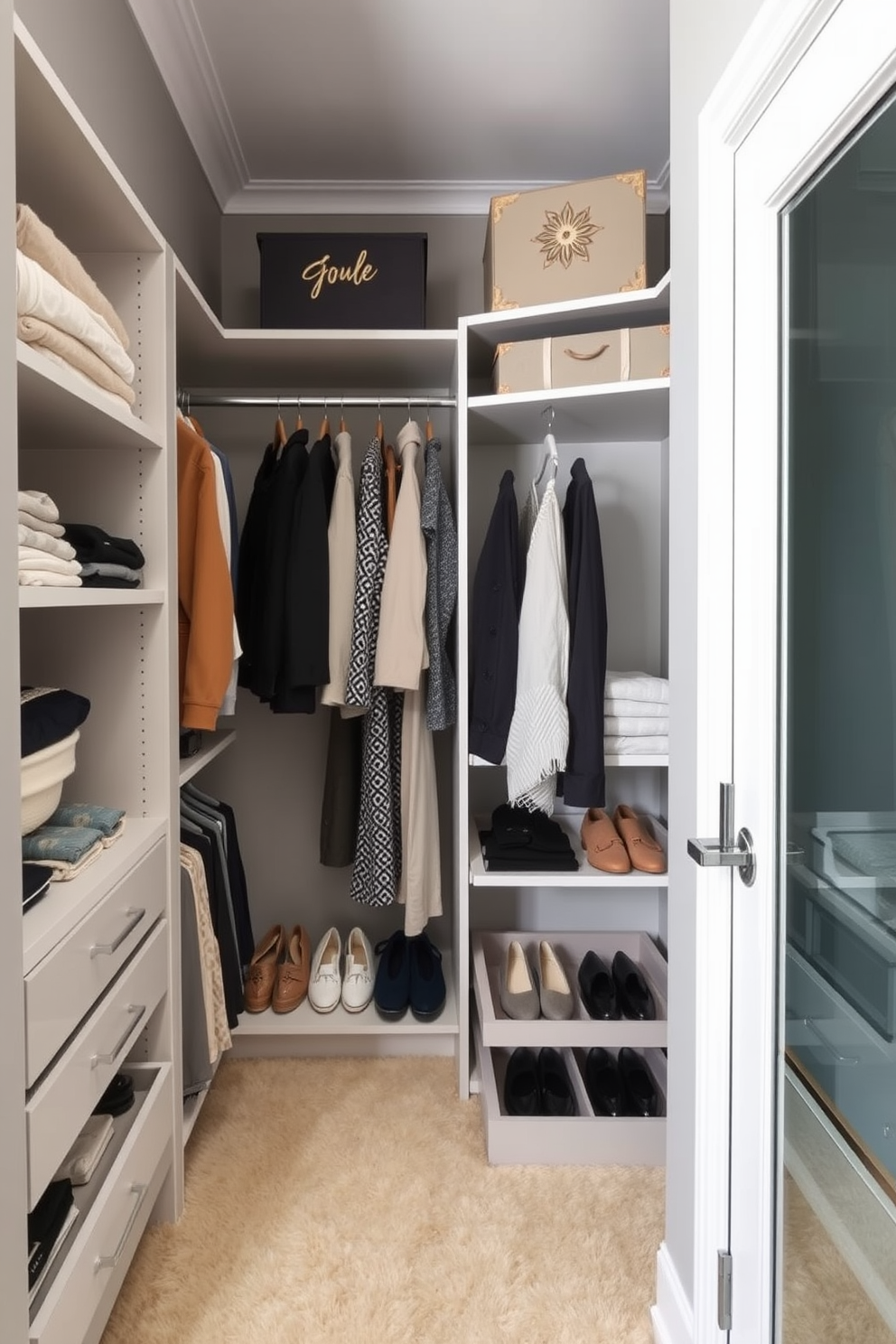 A stylish closet space designed for functionality and aesthetics. The walls are painted in a soft beige, and a large chalkboard is mounted on one side for notes and lists. The closet features custom shelving and hanging spaces, with neatly organized clothing and accessories. Labor Day themed decorations are subtly incorporated, adding a festive touch to the overall design.