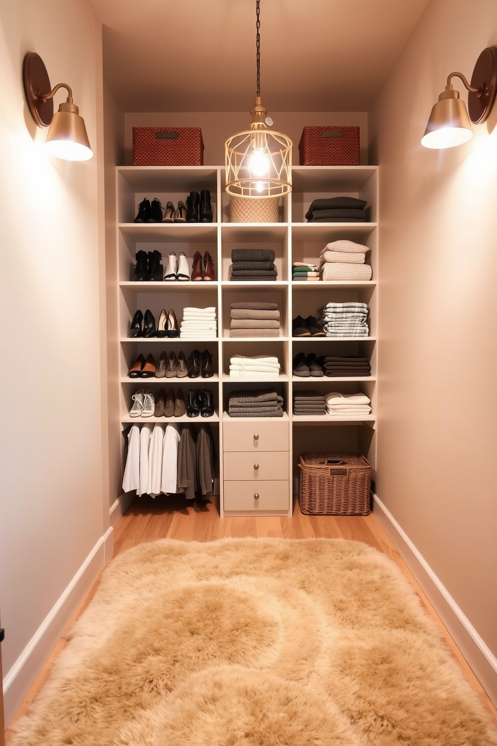 A beautifully organized closet space. The walls are painted in a soft beige tone, and the shelves are filled with neatly arranged shoes and folded clothes. A plush area rug in a warm, neutral color lies on the floor, adding comfort and texture. Elegant lighting fixtures illuminate the space, highlighting the stylish organization and decor.