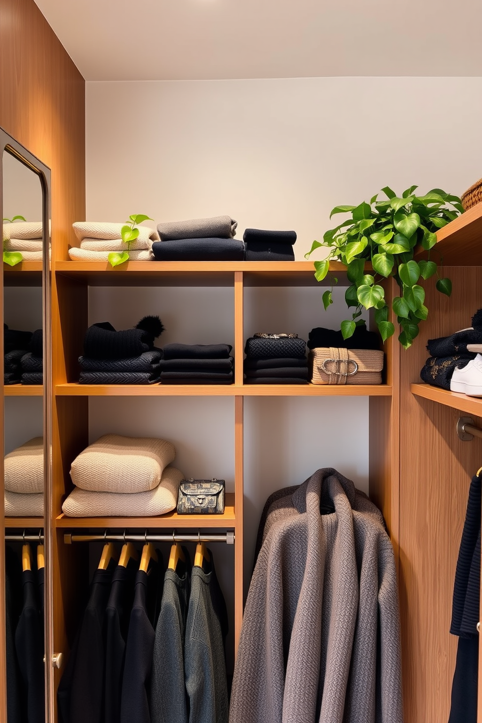 A stylish closet space featuring open shelving adorned with neatly folded sweaters and curated accessories. Lush green plants are strategically placed on the shelves, bringing a fresh and vibrant atmosphere to the room. The closet has a warm wood finish, with a full-length mirror reflecting the organized arrangement. Soft lighting highlights the elegant design, making it an inviting area for selecting outfits.