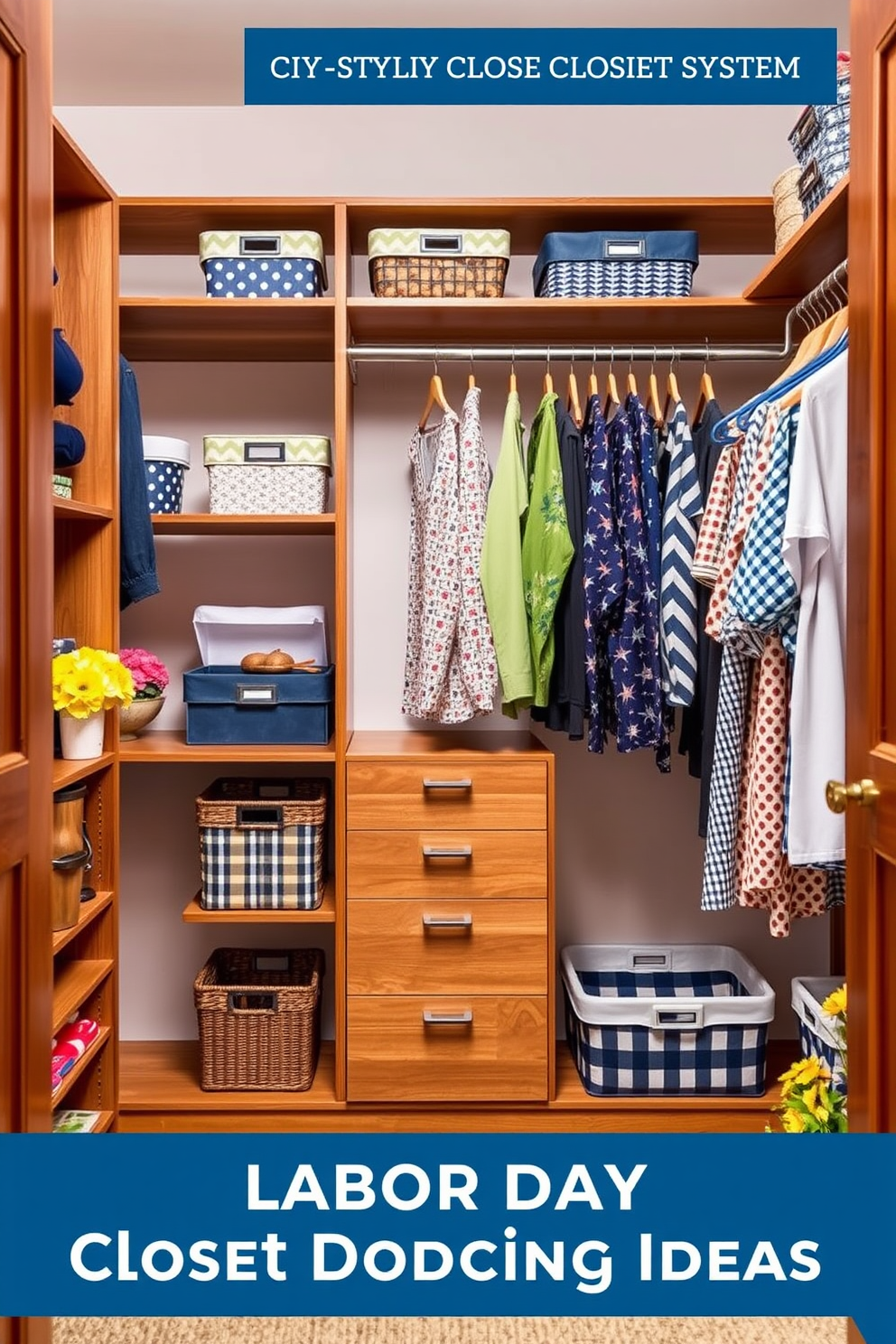 A stylish DIY custom closet system designed for maximum organization and efficiency. The closet features modular shelving units, hanging rods, and pull-out drawers in a warm wood finish to create a welcoming atmosphere. Labor Day Closet Decorating Ideas that incorporate seasonal themes and vibrant colors. Decorative storage bins and stylish hangers add a personal touch, while fresh flowers and seasonal accents bring life to the space.