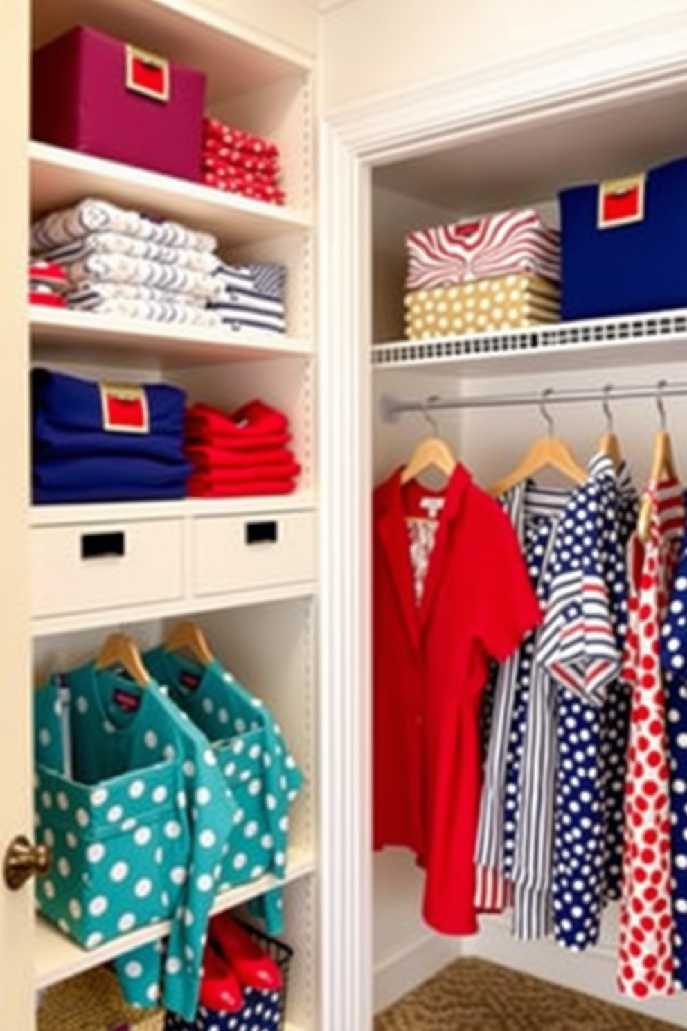 Create a Labor Day themed closet design that showcases stylish hangers for a uniform look. The closet features organized sections for seasonal clothing, with vibrant colors and patterns reflecting the spirit of Labor Day.