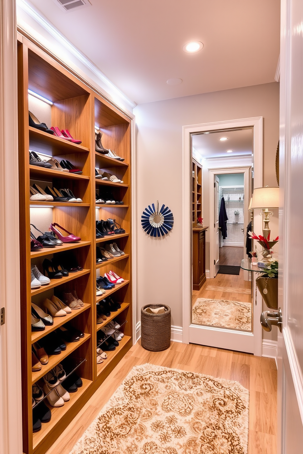 A stylish closet featuring a chic shoe display with a variety of designer footwear elegantly arranged on open shelves. The walls are painted in a soft beige tone, complemented by warm wood accents and ambient lighting to create an inviting atmosphere. Incorporate decorative elements such as a plush area rug and a full-length mirror to enhance the space's functionality and aesthetic appeal. Add seasonal touches with Labor Day themed decor, including subtle red, white, and blue accents to celebrate the occasion.