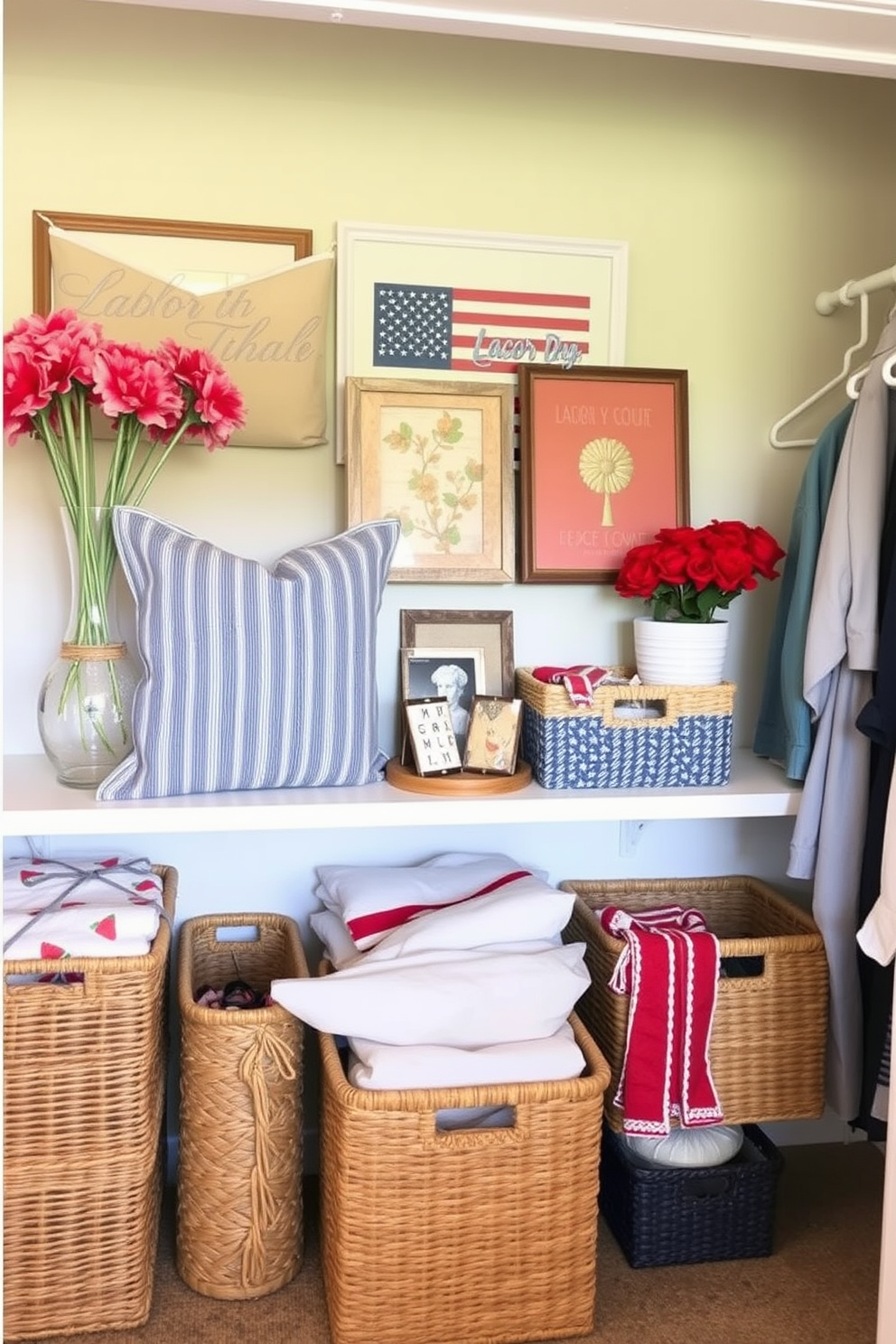 A cozy and functional closet space featuring a large chalkboard mounted on the wall for writing shopping lists. The closet is organized with stylish storage bins and hangers, showcasing Labor Day themed decorations in red, white, and blue accents.