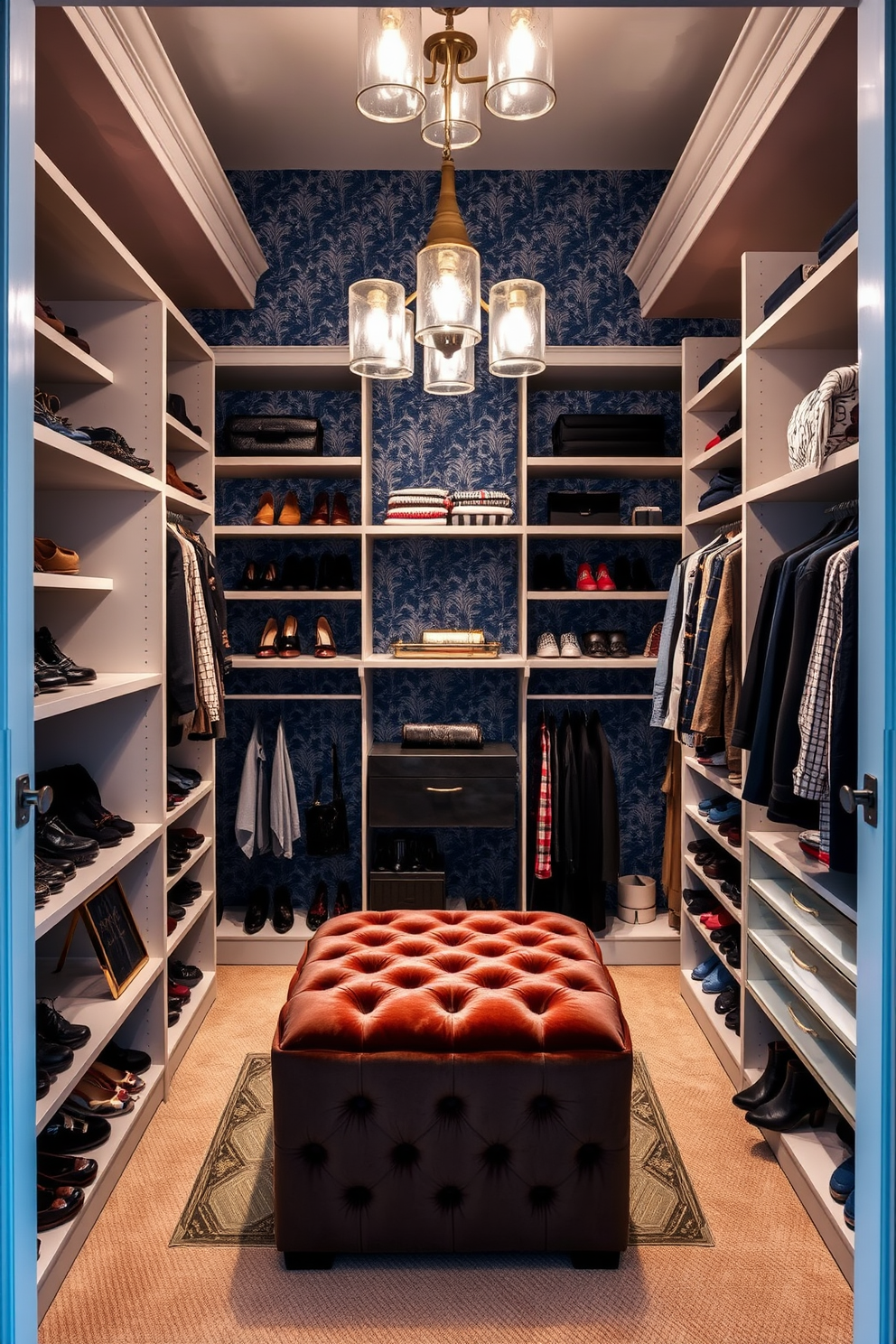 A stylish closet space featuring statement wallpaper that adds a pop of color and personality to the room. The closet is organized with custom shelving and hanging rods, showcasing neatly arranged shoes and accessories. In the center, a plush ottoman provides a comfortable seating area for dressing. Elegant lighting fixtures illuminate the space, creating a warm and inviting atmosphere.