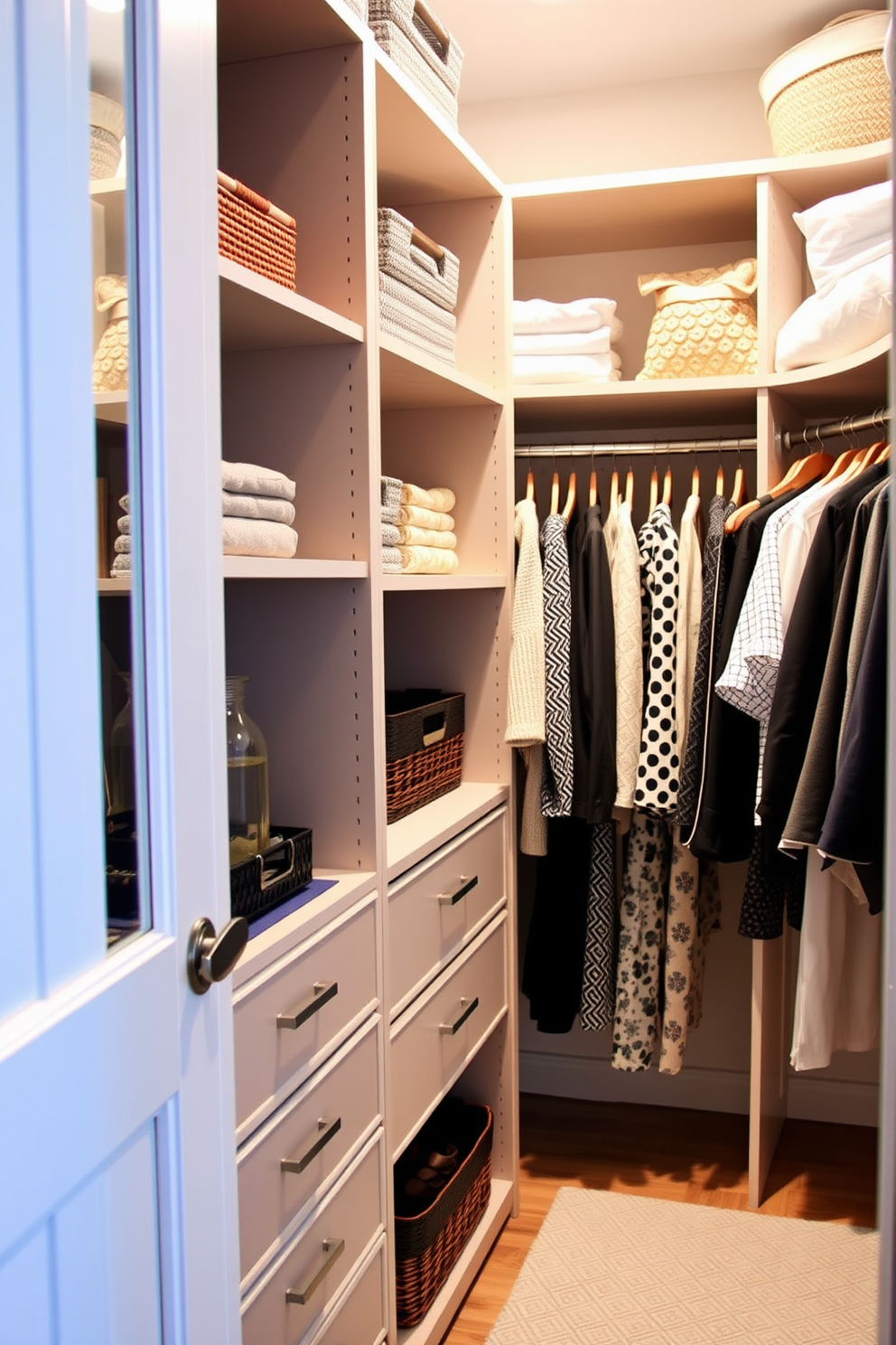 A stylish closet featuring a full-length mirror integrated into the design. The mirror is framed with elegant wood, surrounded by organized shelves displaying neatly folded clothes and accessories. The closet is painted in a soft beige hue, creating a warm and inviting atmosphere. Decorative elements like potted plants and a plush rug add a touch of comfort to the space.