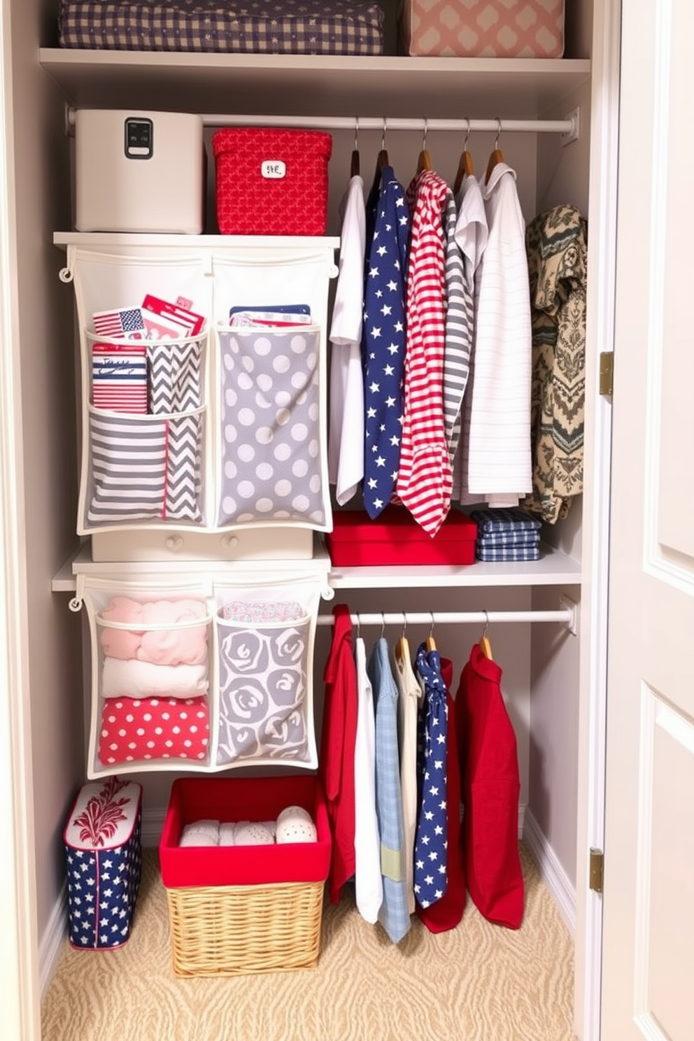 Create a stylish and functional closet space that maximizes storage with over-the-door organizers. Incorporate vibrant colors and patterns to bring a festive Labor Day theme, using red, white, and blue accessories for a cohesive look.