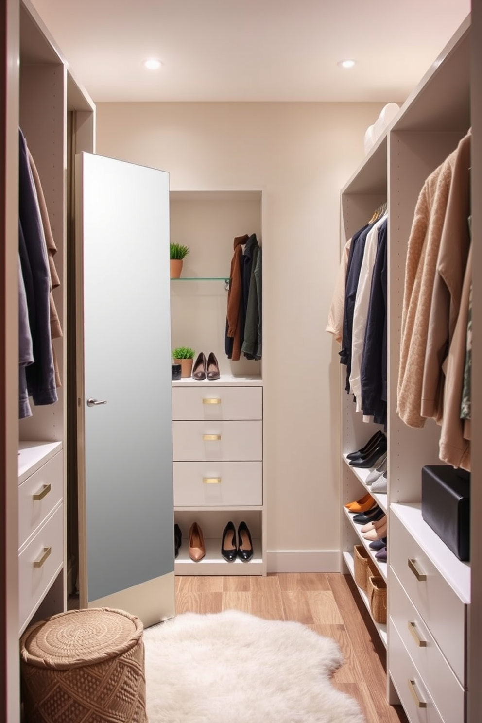 A stylish closet space featuring a full-length mirror mounted on the door for functionality and easy outfit selection. The walls are painted a soft beige, and the shelves are filled with neatly organized shoes and accessories. Incorporate decorative elements such as a small potted plant on a shelf and a plush rug on the floor for added comfort. Soft lighting enhances the ambiance, making the closet feel inviting and chic.