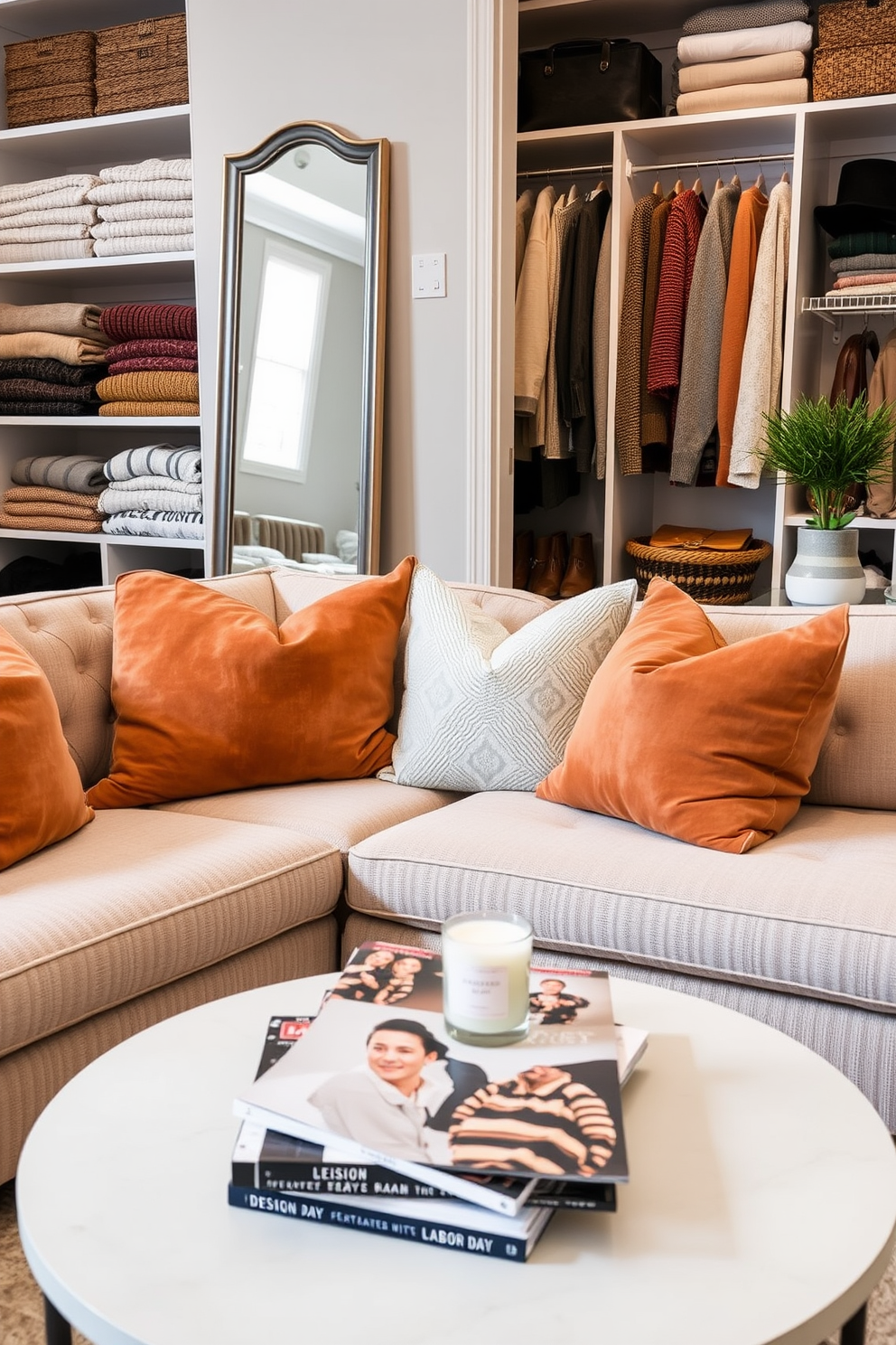 A stylish closet featuring peel-and-stick wallpaper in a vibrant floral pattern that adds a pop of color to the space. The shelves are organized with neatly folded sweaters and a collection of shoes displayed on a rack, creating an inviting atmosphere for wardrobe selection.