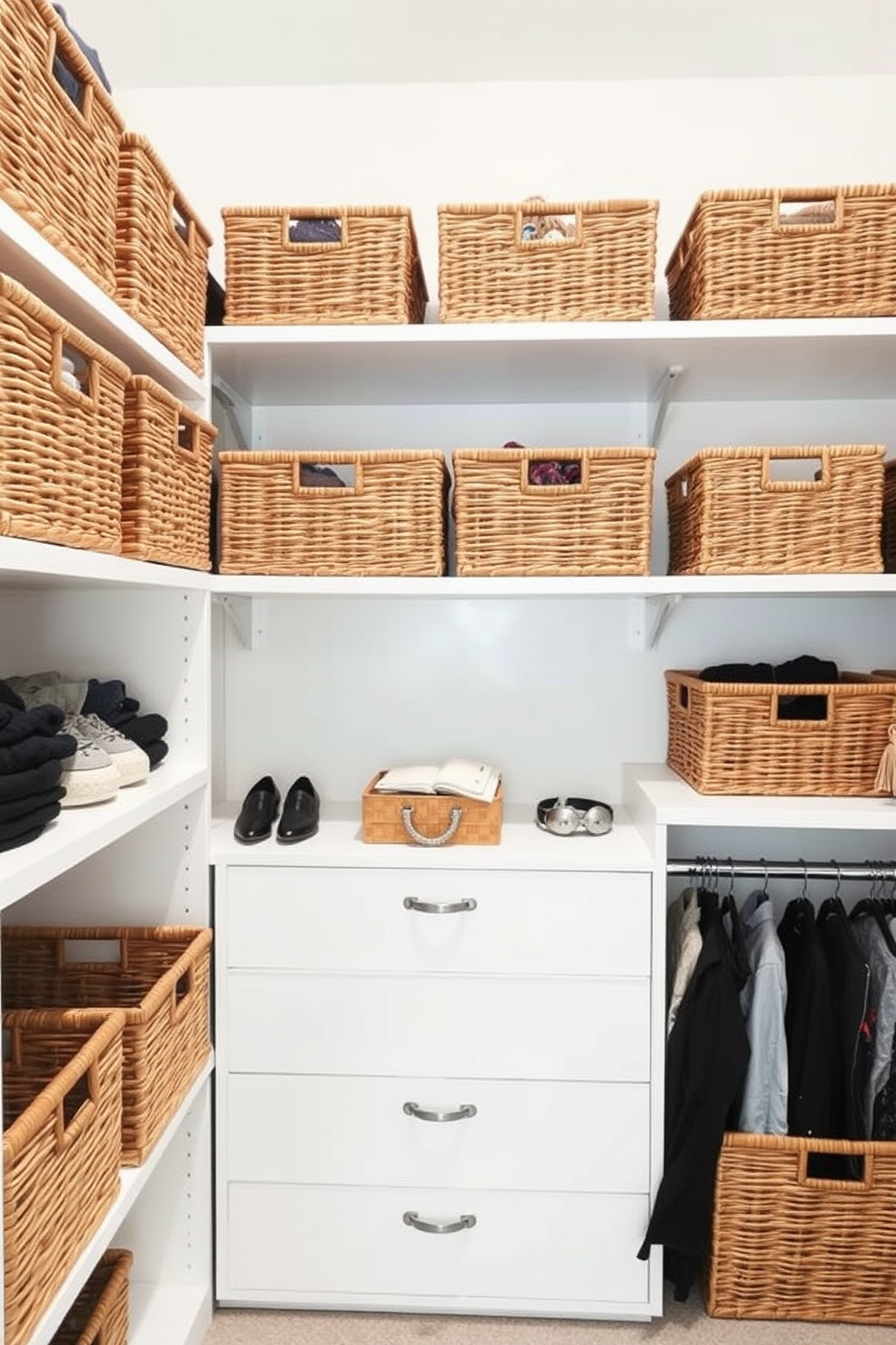 A stylish closet space featuring a range of woven baskets for organized storage. The baskets are neatly arranged on shelves, providing a chic way to keep clothing and accessories tidy while adding texture to the space.