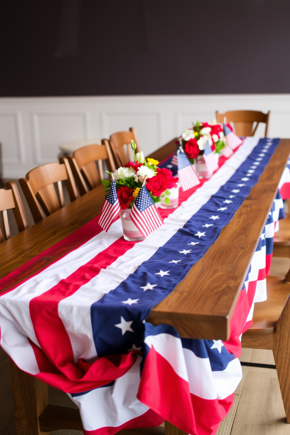 A cozy living room featuring a comfortable sofa adorned with patriotic throw pillows in red white and blue. The decor includes subtle Labor Day accents such as small American flags and seasonal flowers in a vase on the coffee table.