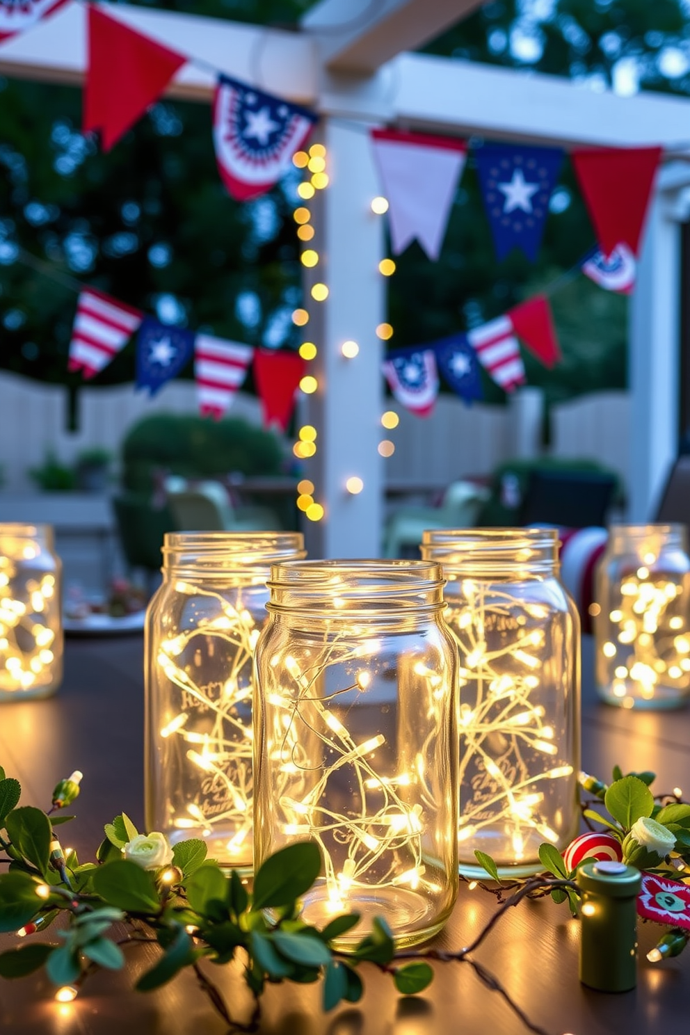 A cozy outdoor setting adorned with glass jars filled with glowing fairy lights creates a warm and inviting atmosphere. Surrounding the jars, colorful Labor Day decorations such as red, white, and blue banners add a festive touch to the space.