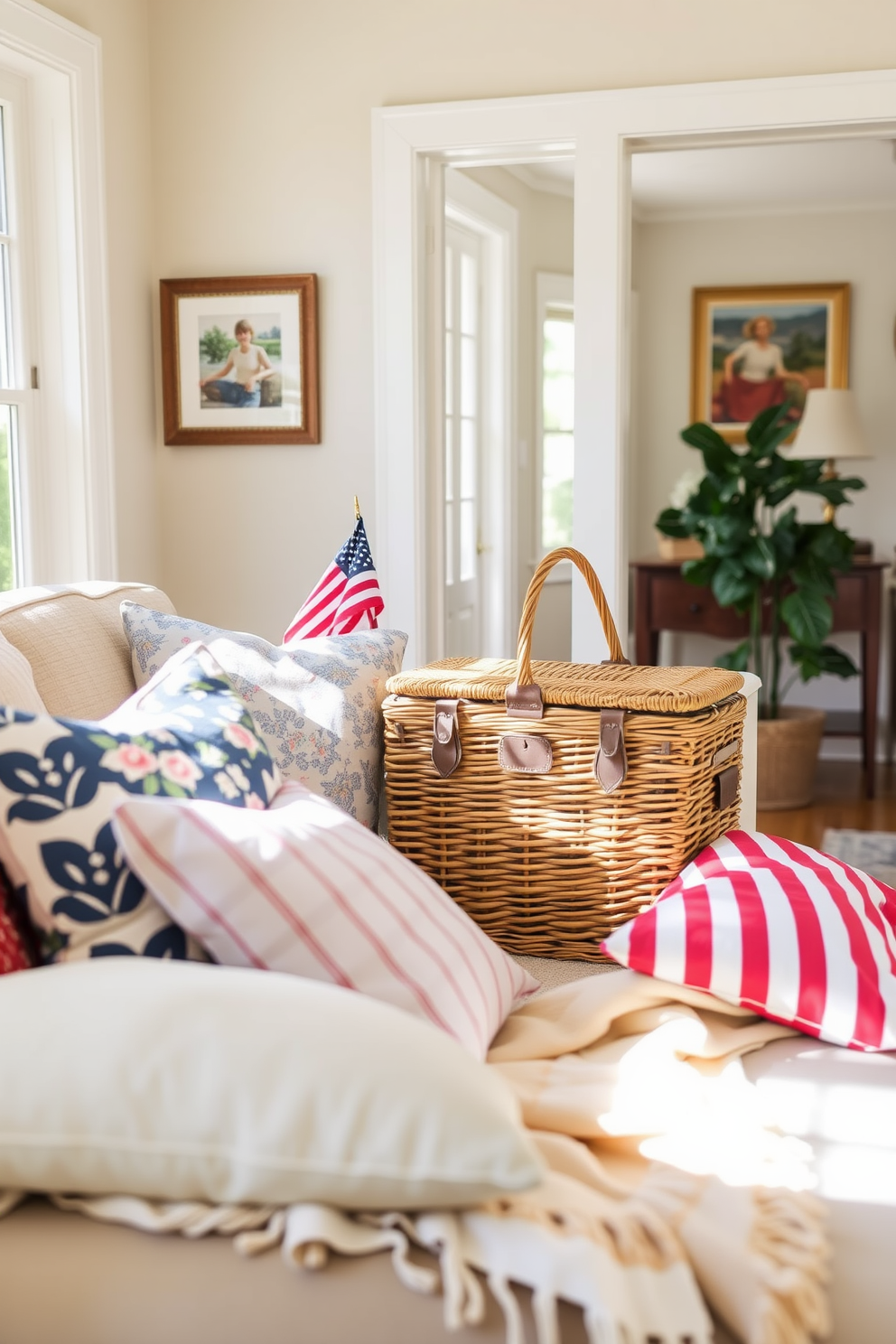 A vintage picnic basket is placed in the corner of a sunlit living room adding a charming touch to the decor. Surrounding the basket are colorful throw pillows and a soft blanket, creating a cozy picnic setting perfect for Labor Day celebrations.