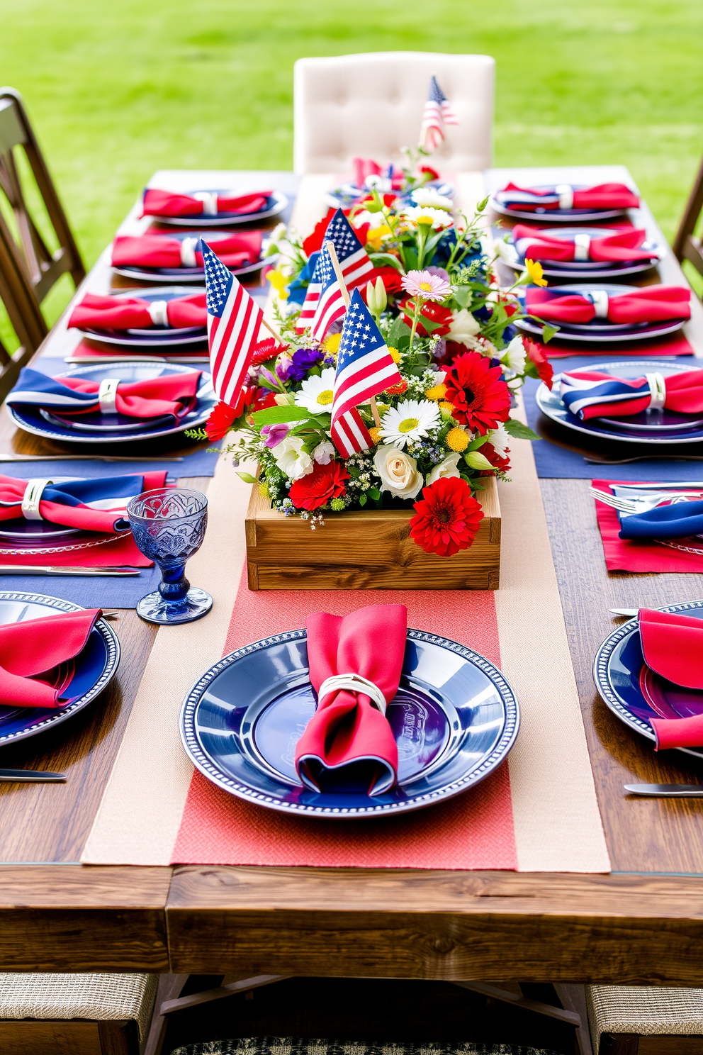 A beautifully arranged table setting for a Labor Day celebration features vibrant red and blue themed napkins and plates. The table is adorned with a rustic wooden centerpiece filled with fresh seasonal flowers and small American flags for a festive touch.