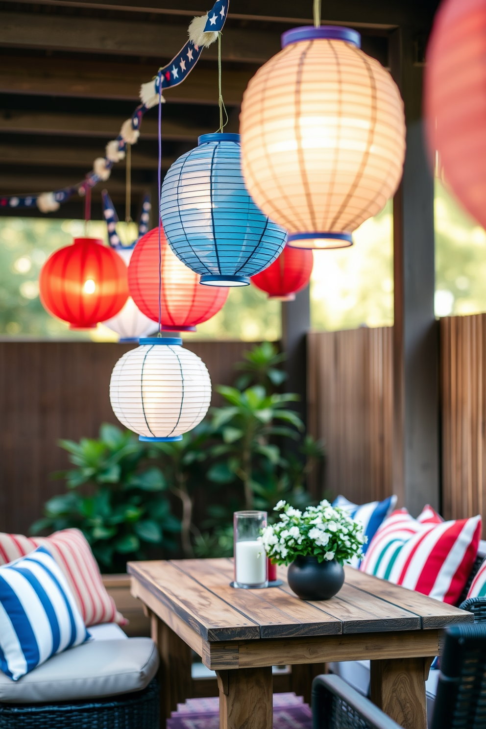 Create a festive outdoor space adorned with hanging paper lanterns in red, white, and blue to celebrate Labor Day. The lanterns sway gently in the breeze, casting a warm glow over a cozy seating area with comfortable cushions and a rustic wooden table.