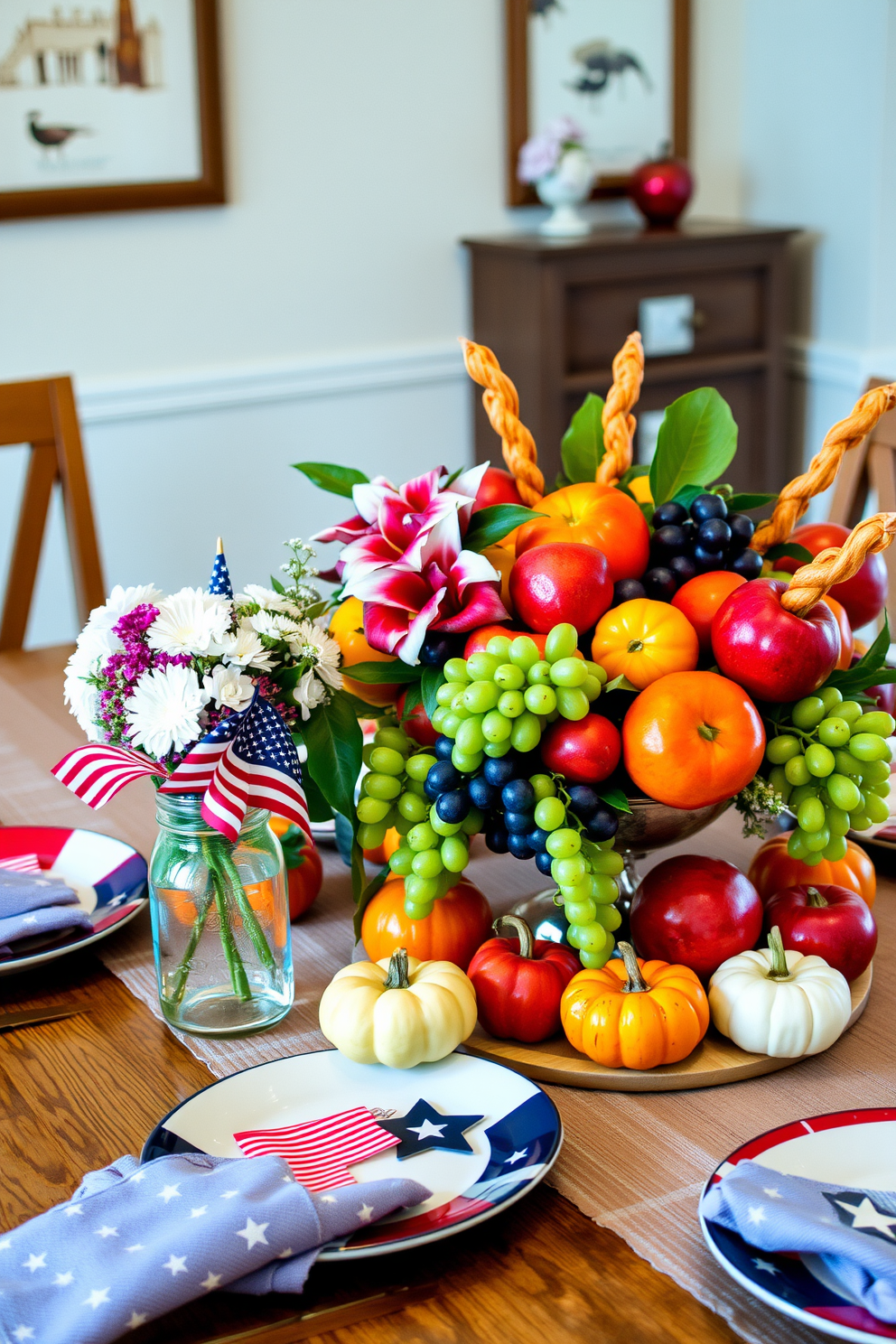 A vibrant arrangement of seasonal fruits displayed elegantly on a wooden dining table. The centerpiece features a mix of bright oranges, deep red apples, and lush green grapes, surrounded by small decorative pumpkins for a festive touch. A stylish Labor Day table setting adorned with patriotic colors. The table is set with red, white, and blue plates, complemented by fresh flowers in a mason jar and a subtle star-spangled table runner.